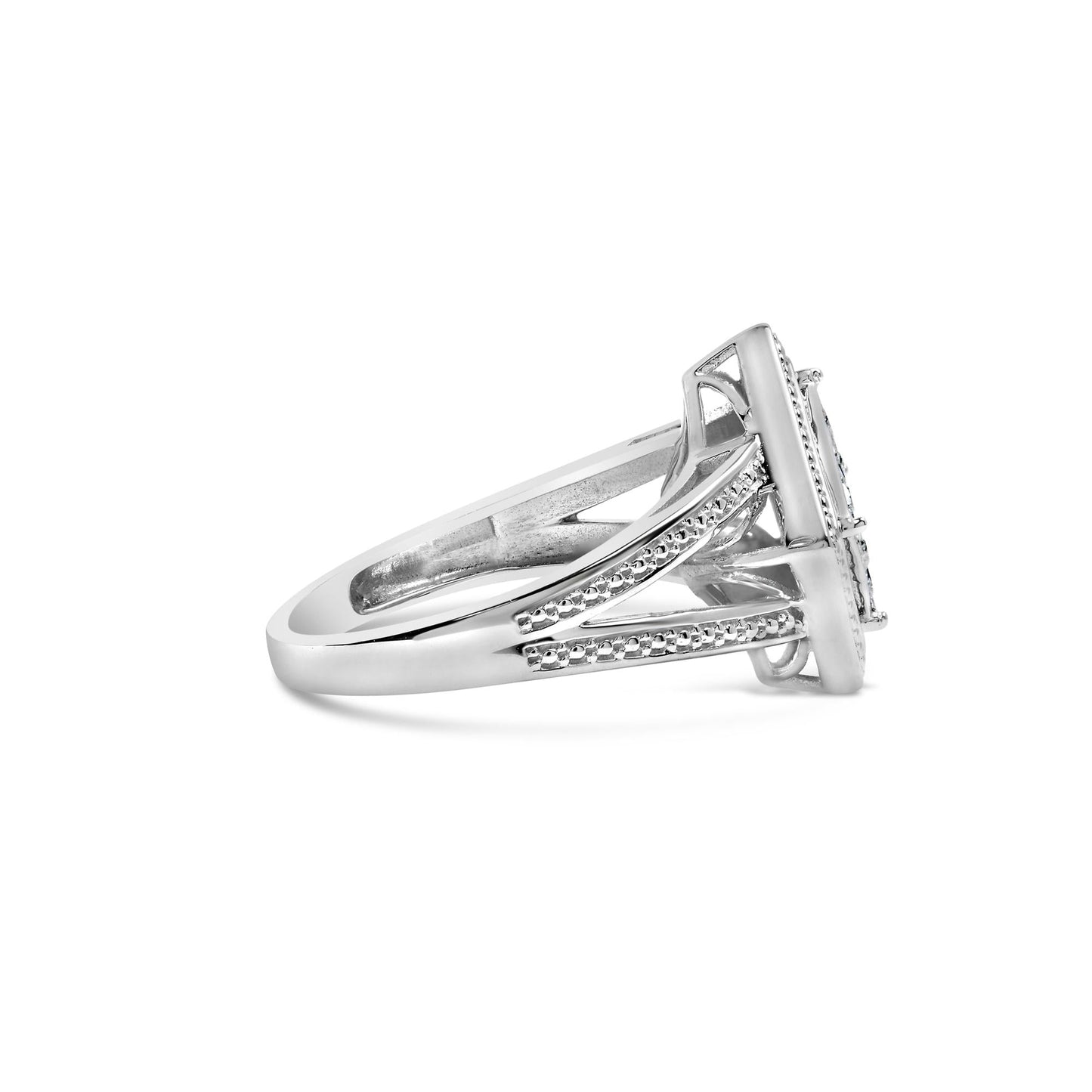 .925 Sterling Silver 1/3 Cttw Invisible Set Princess-Cut Diamond Rhombus and Beaded Halo Ring (H-I Color, SI1-SI2 Clarity)