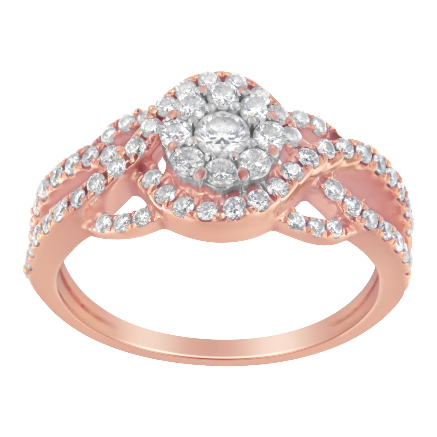 10K Rose Gold 3/4 Cttw Diamond Floral Cluster Head and Twisted Shank Cocktail  Ring (H-I Color, SI1-SI2 Clarity)-