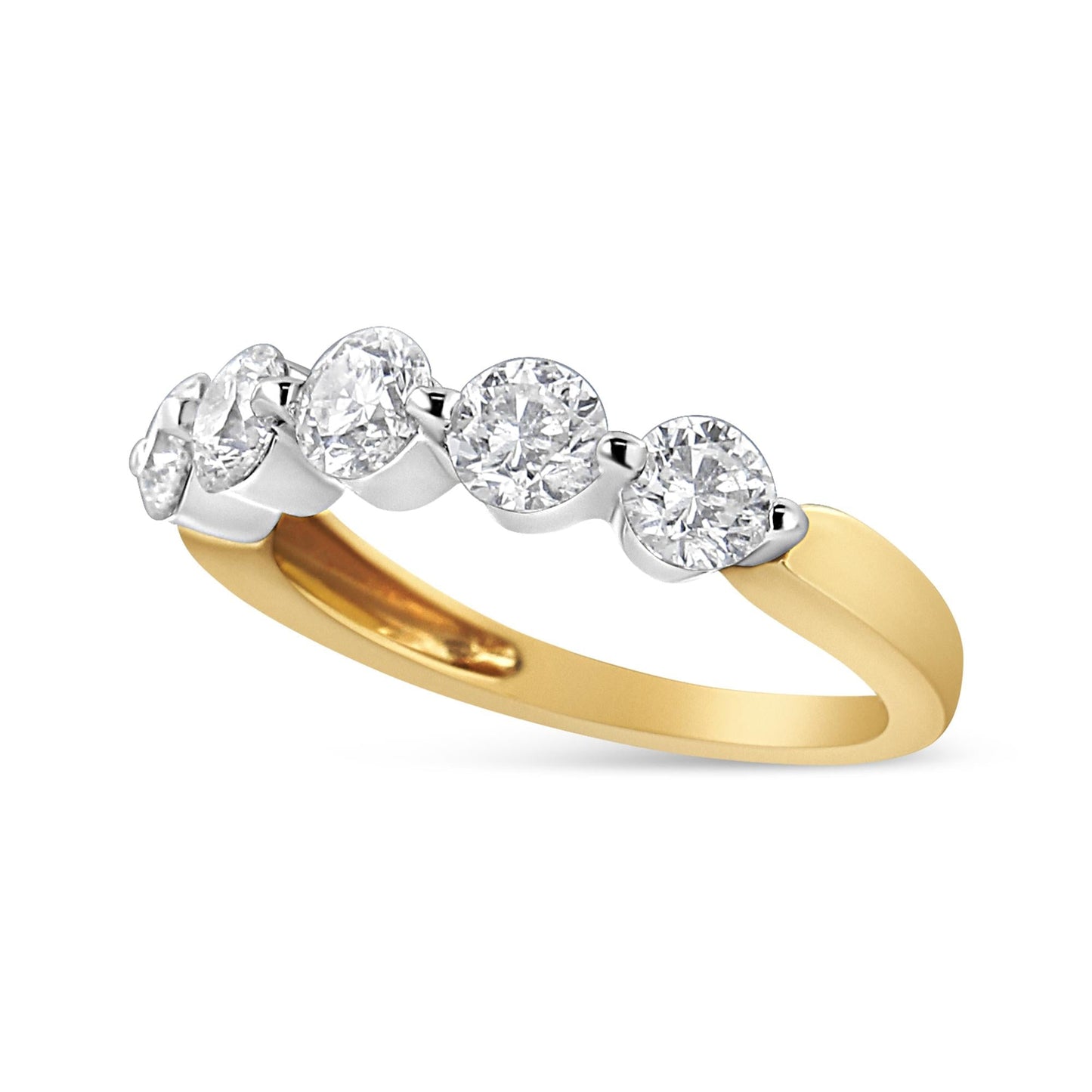 14K White and Yellow Gold 1 1/2 Cttw 2 Prong Cup Set Round-Cut Diamond 5 Stone Ring Band (H-I Color, SI2-I1 Clarity)