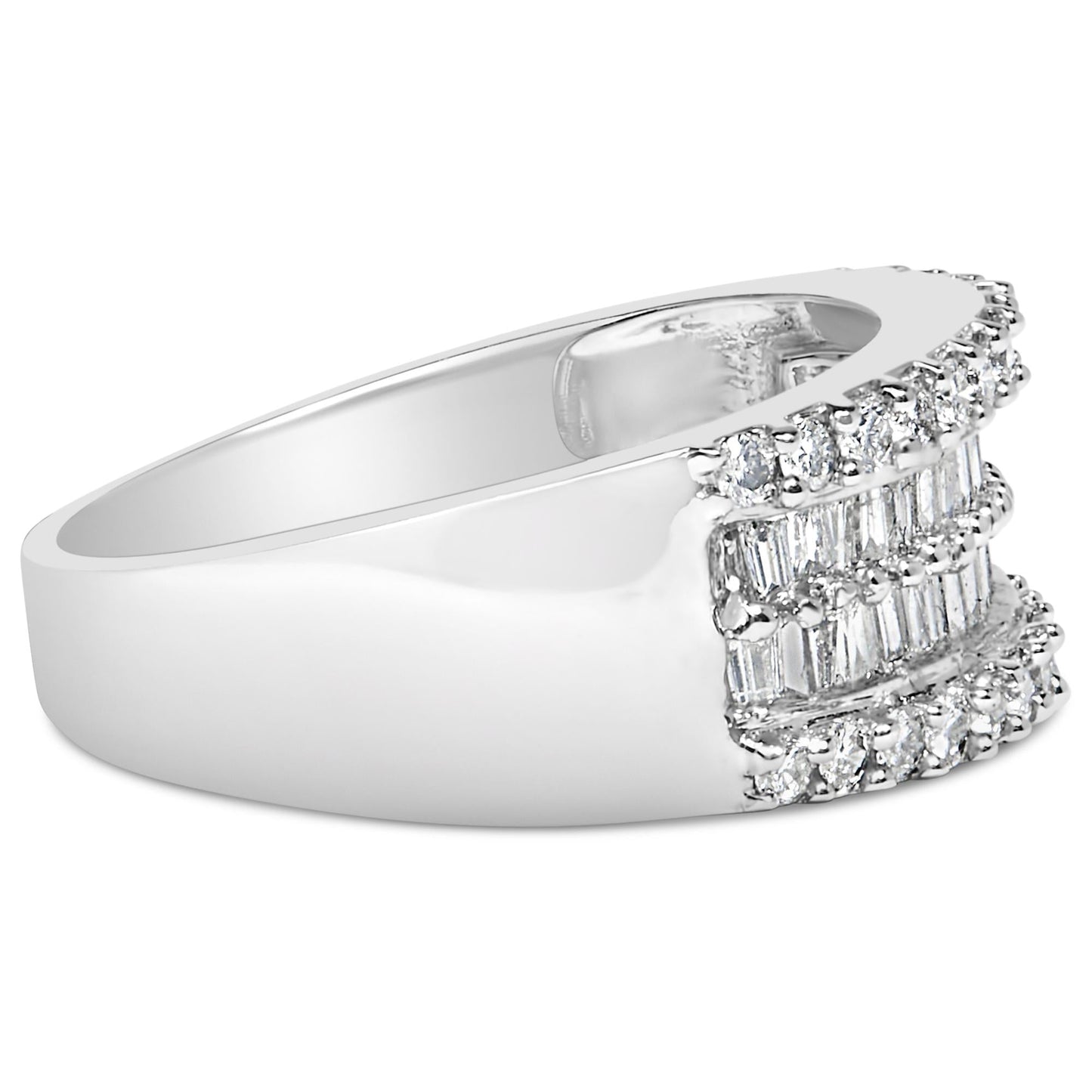 14K White Gold 1.0 Cttw 4 Row Round Baguette Diamond Band Ring (H-I Color, SI1-SI2 Clarity) - Ring Size 7