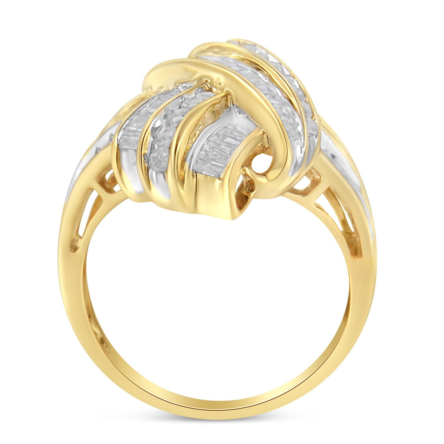 10K Yellow Gold Plated .925 Sterling Silver 1.0 Cttw Round & Baguette Diamond Knot Channel Statement Ring (I-J Color, I2-I3 Clarity)