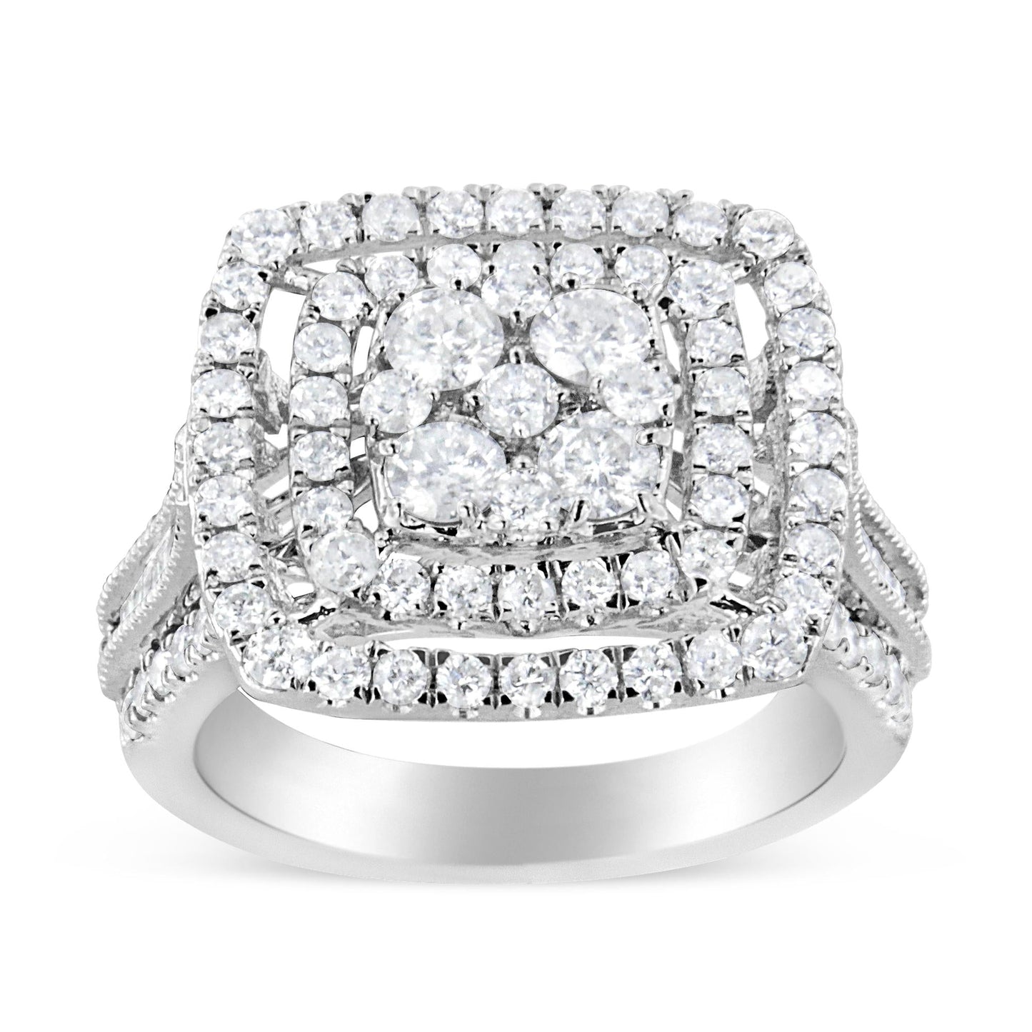 10K White Gold 2 Cttw Brilliant Round-Cut and Baguette Diamond Halo and Cluster Ring (I-J Color, I1-I2 Clarity)