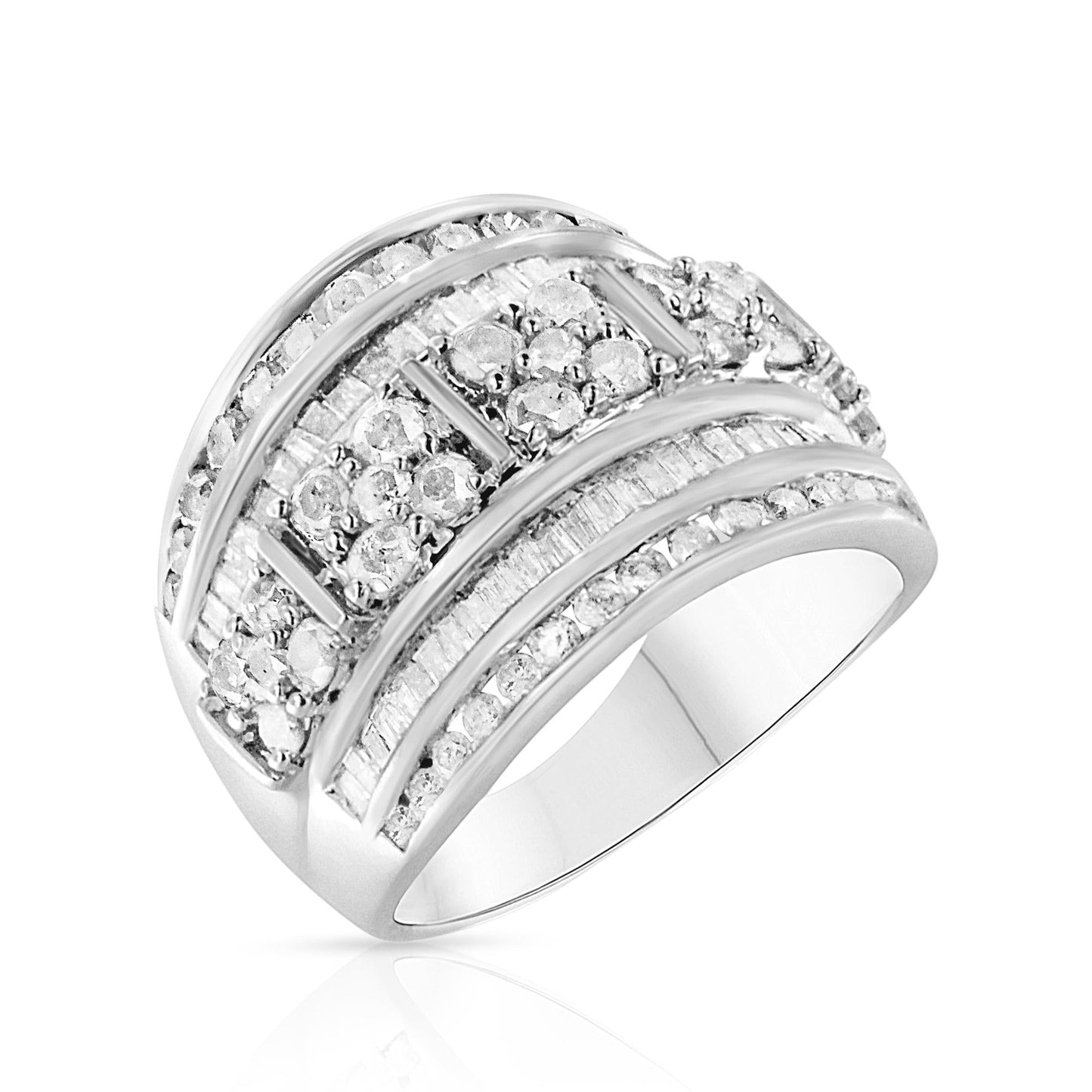 .925 Sterling Silver 2.0 Cttw Round & Baguette Cut Diamond Multi-Row Channel Set Tapered Cocktail Fashion Ring (I-J Color, I3 Clarity)