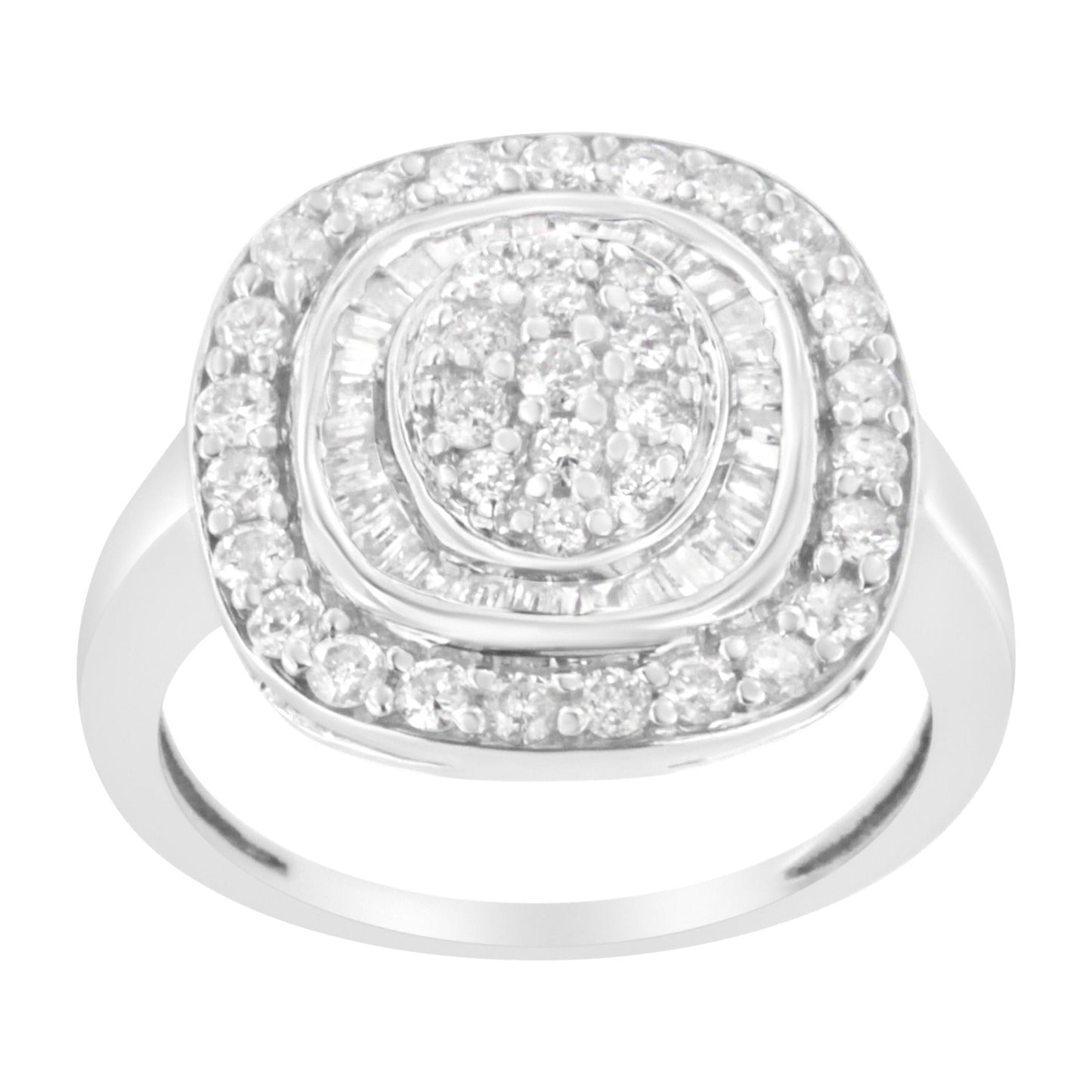 .925 Sterling Silver 1cttw Round and Baguette-Cut Diamond Square Cocktail Ring (I2-I3 Clarity, H-I Color)