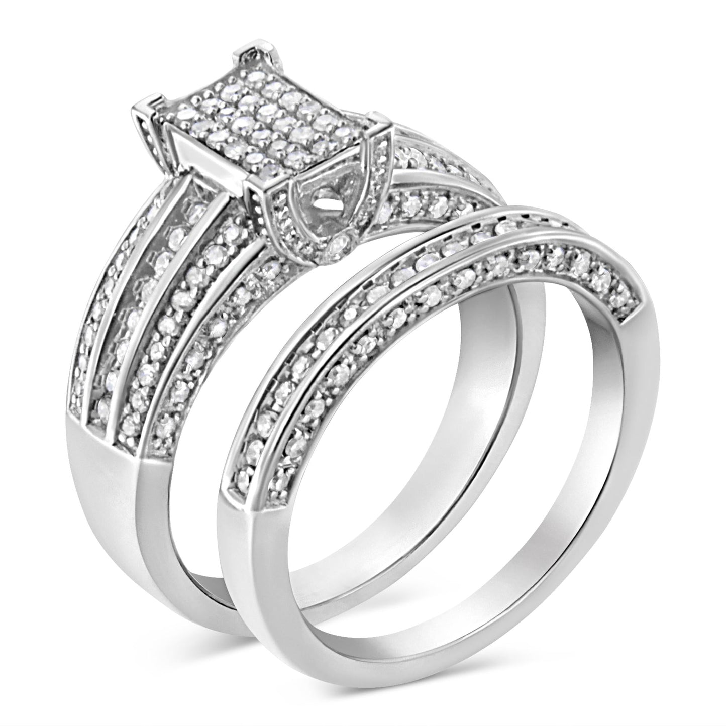 .925 Sterling Silver 3/4 Cttw Prong Set Round Diamond Composite Engagement Ring and Band Set (I-J Color, I3 Clarity)