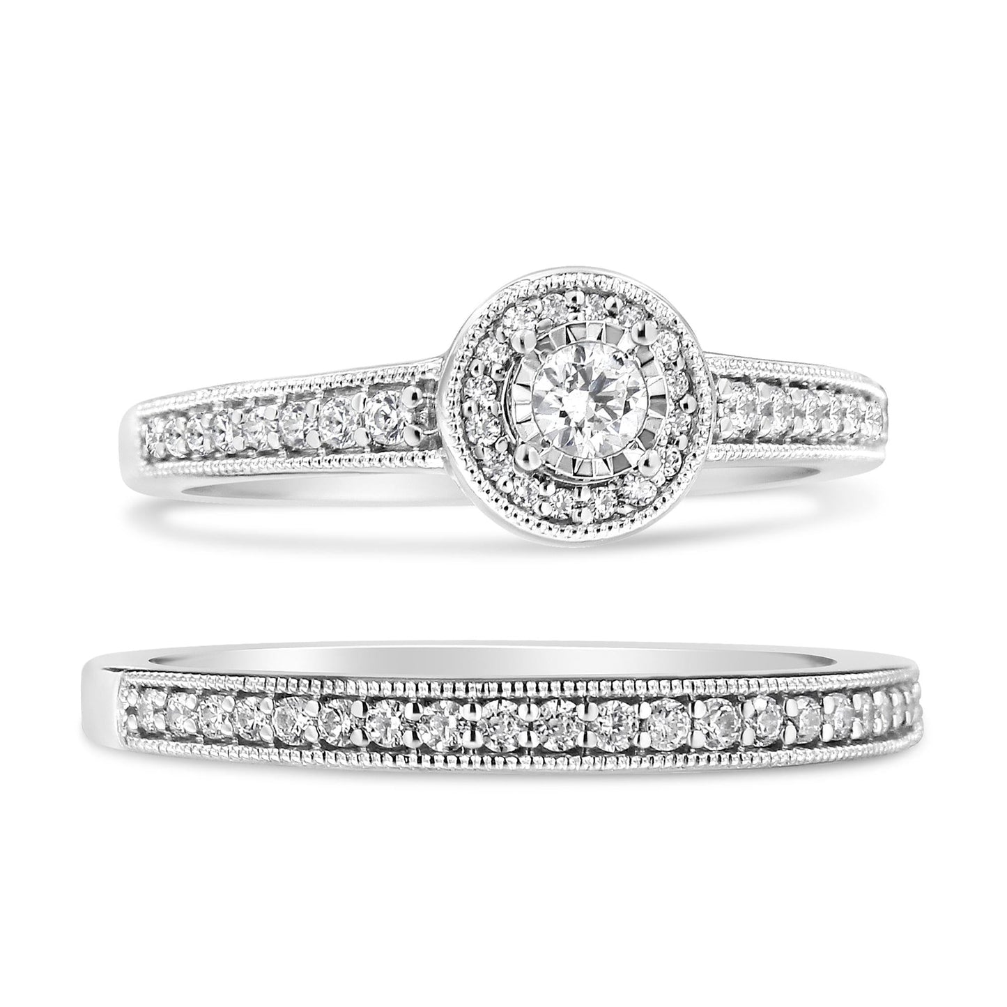 .925 Sterling Silver 1/2 Ctw Diamond Halo and Milgrain Engagement Ring Bridal Set (I-J Color, I3 Clarity)