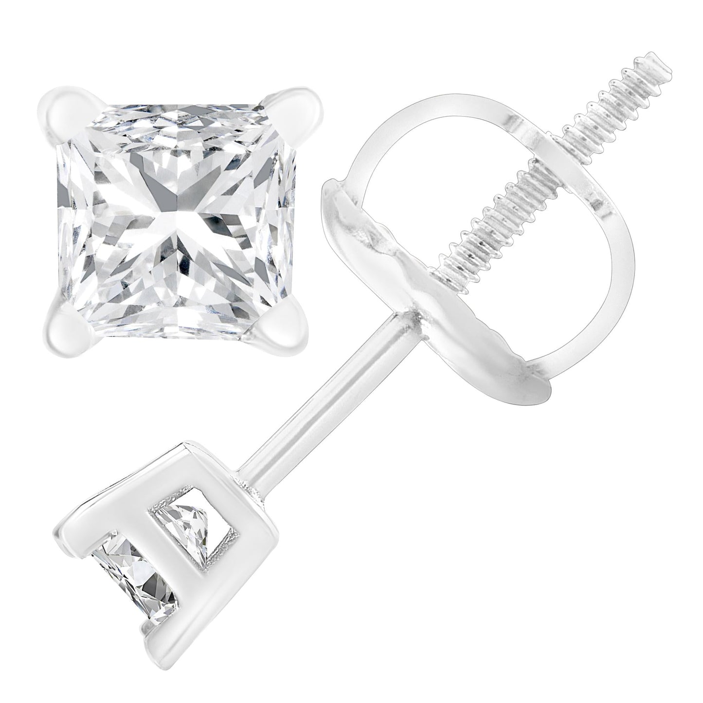 AGS Certified 18K White Gold 1.0 Cttw 4-Prong Set Princess-Cut Solitaire Diamond Screw Back Stud Earrings (E-F Color, SI2-I1 Clarity)