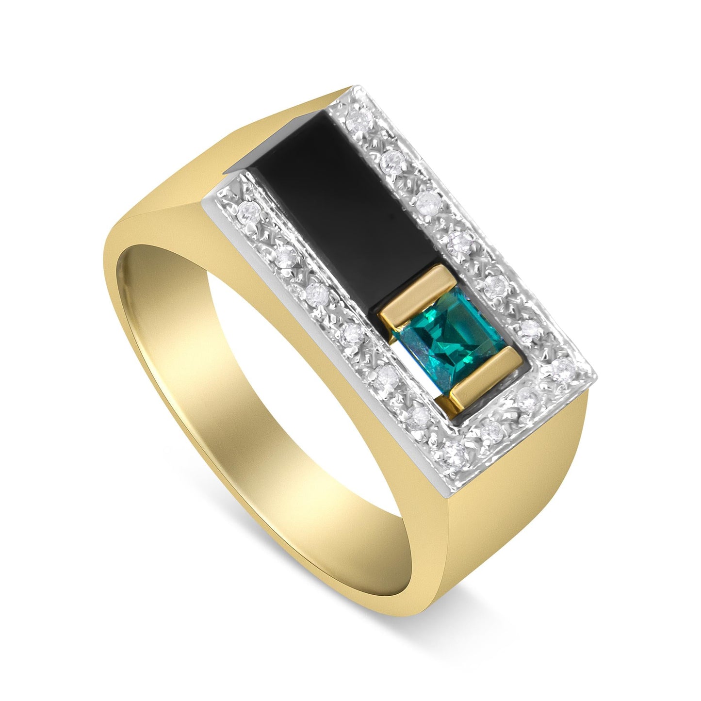 14K Yellow Gold 1/6 Cttw Round Diamond And Princess Emerald with Onyx Gemstone Gent's Band (H-I Color, I2 Clarity)