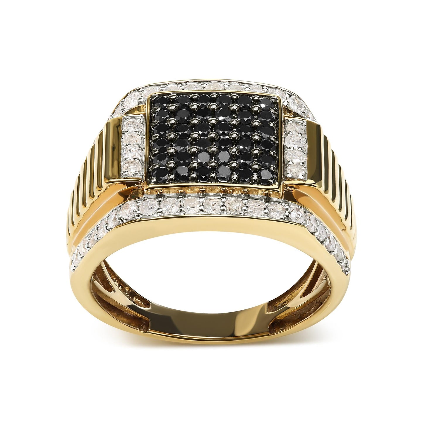 Men's 10K Yellow Gold 1 1/2 Cttw White and Black Treated Diamond Cluster Ring (Black / I-J Color, I2-I3 Clarity)