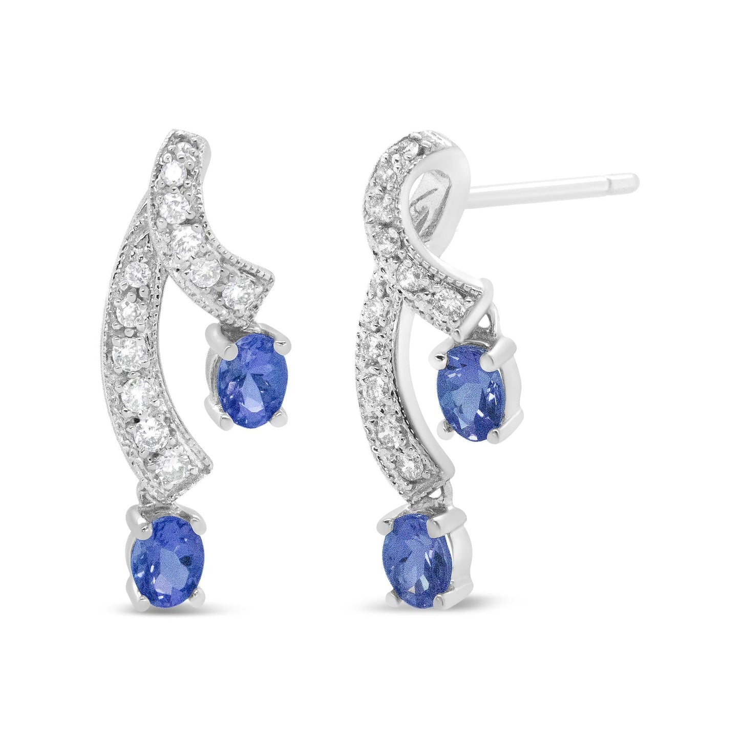 14K White Gold 4x3MM Oval Shaped Natural Blue Tanzanite Gemstone and 1/5 Cttw Diamond Double 3/4" Inch Drop Stud Earrings (H-I Color, VS1-VS2 Clarity)