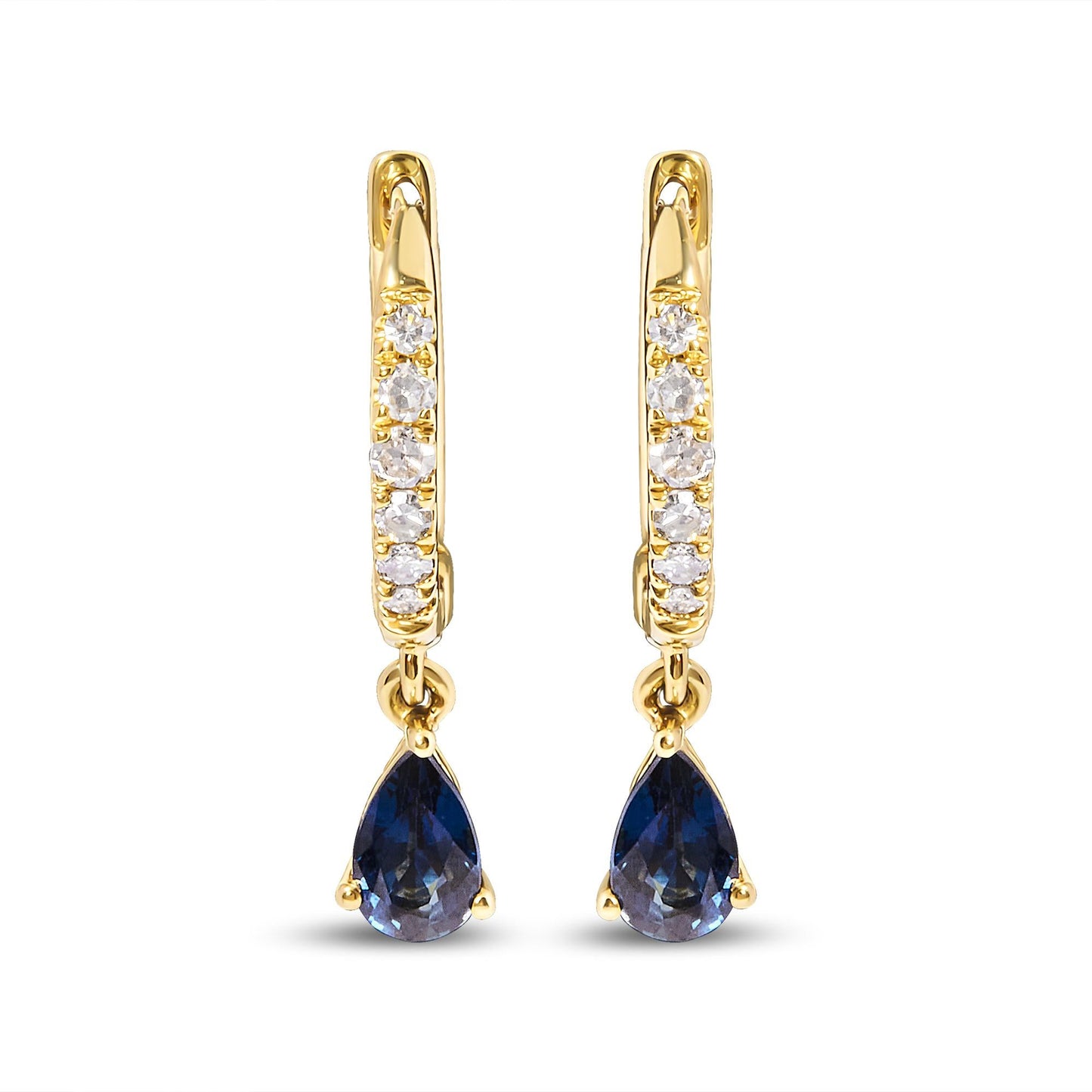 10K Yellow Gold Pear Blue Sapphire and 1/10 Cttw Diamond Drop and Dangle Huggy Hoop Earrings (H-I Color, I1-I2 Clarity)