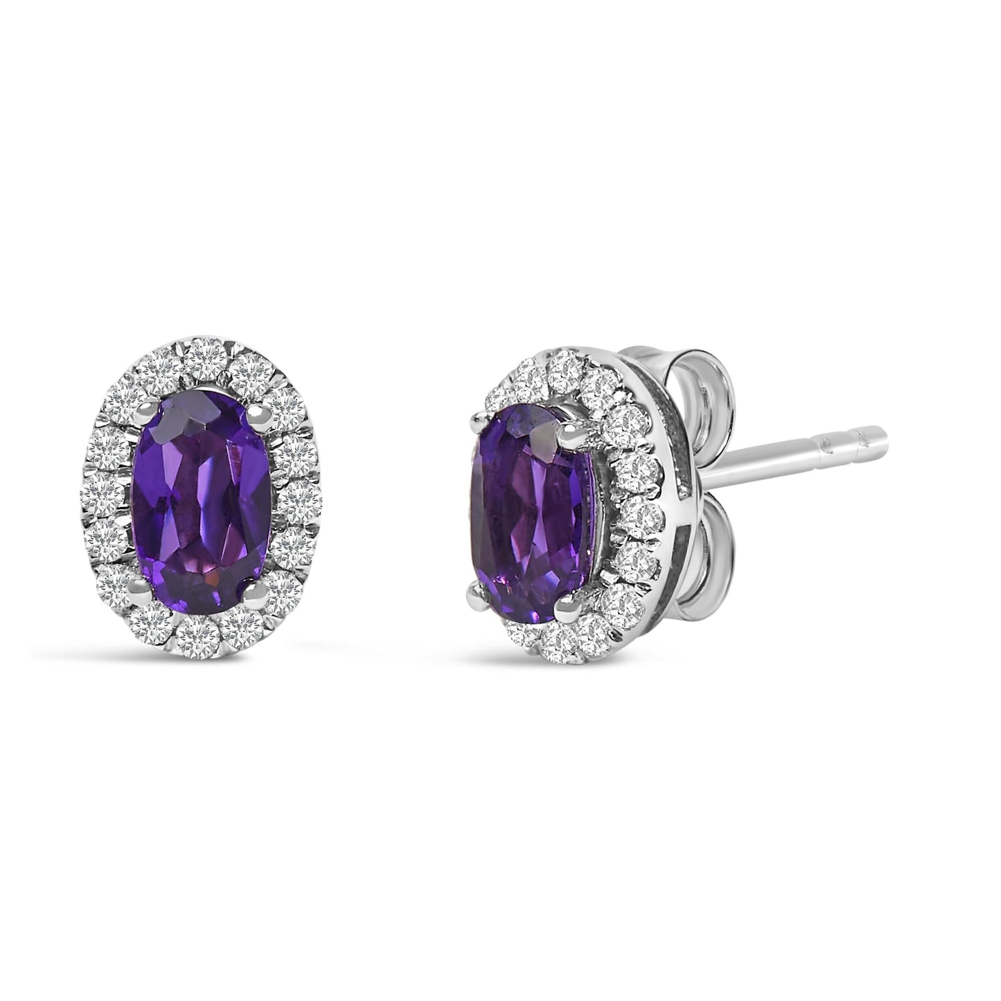 10K White Gold 5x3 MM Oval Cut Birthstone and Diamond Halo Stud Earrings (I-J Color, I1-I2 Clarity)