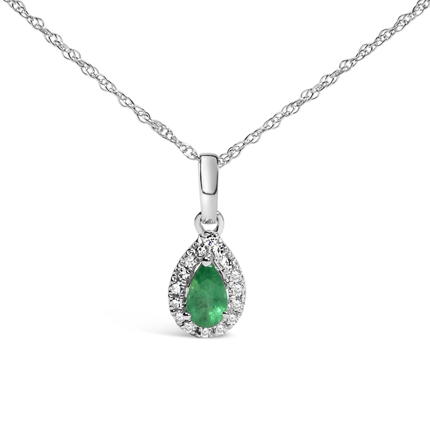 10K White Gold 5x3mm Gemstone and Diamond Accent Halo Pear Shape 18" Pendant Necklace (I-J Color, I1-I2 Clarity)