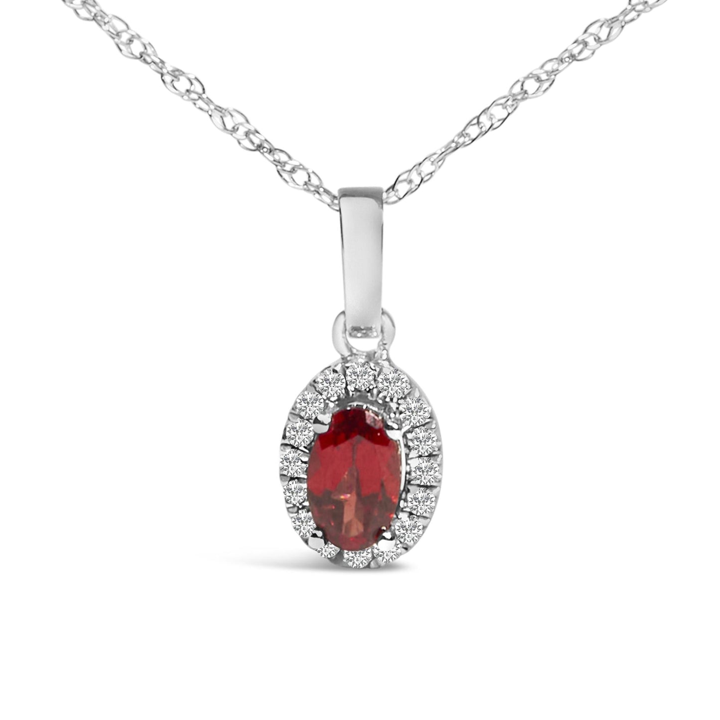 10K White Gold 5x3mm Gemstone and Diamond Accent Halo Oval Shape 18" Pendant Necklace (I-J Color, I1-I2 Clarity)