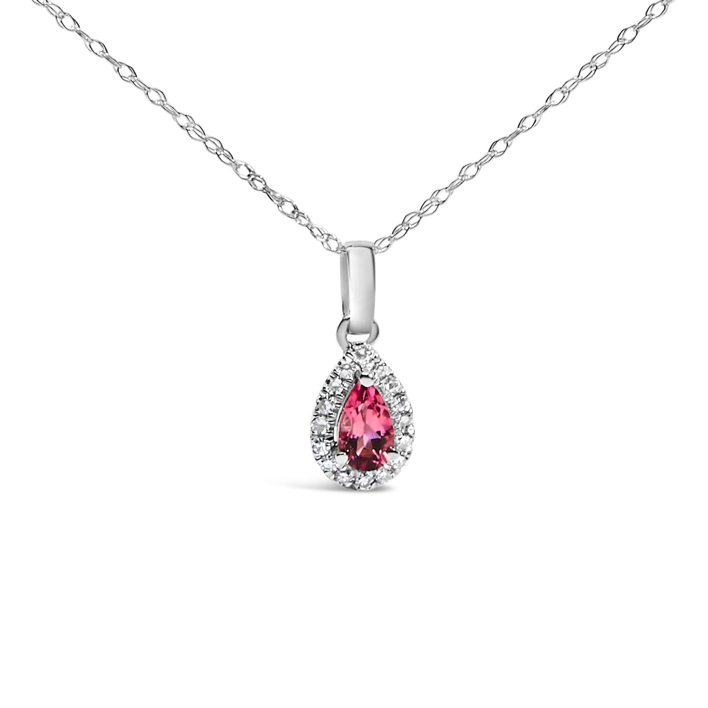 10K White Gold 5x3mm Gemstone and Diamond Accent Halo Pear Shape 18" Pendant Necklace (I-J Color, I1-I2 Clarity)