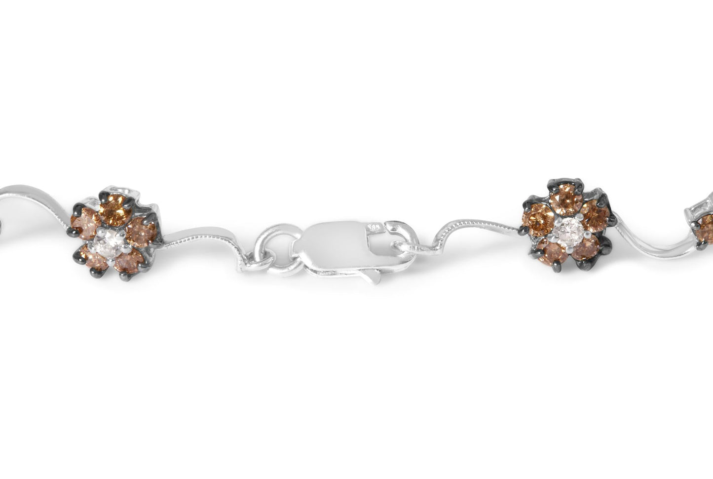 10K White Gold 4.0 Cttw Champagne and White Diamond Floral Cluster and Station Link Bracelet (H-I Color, SI2-I1 Clarity) - 7" Inches