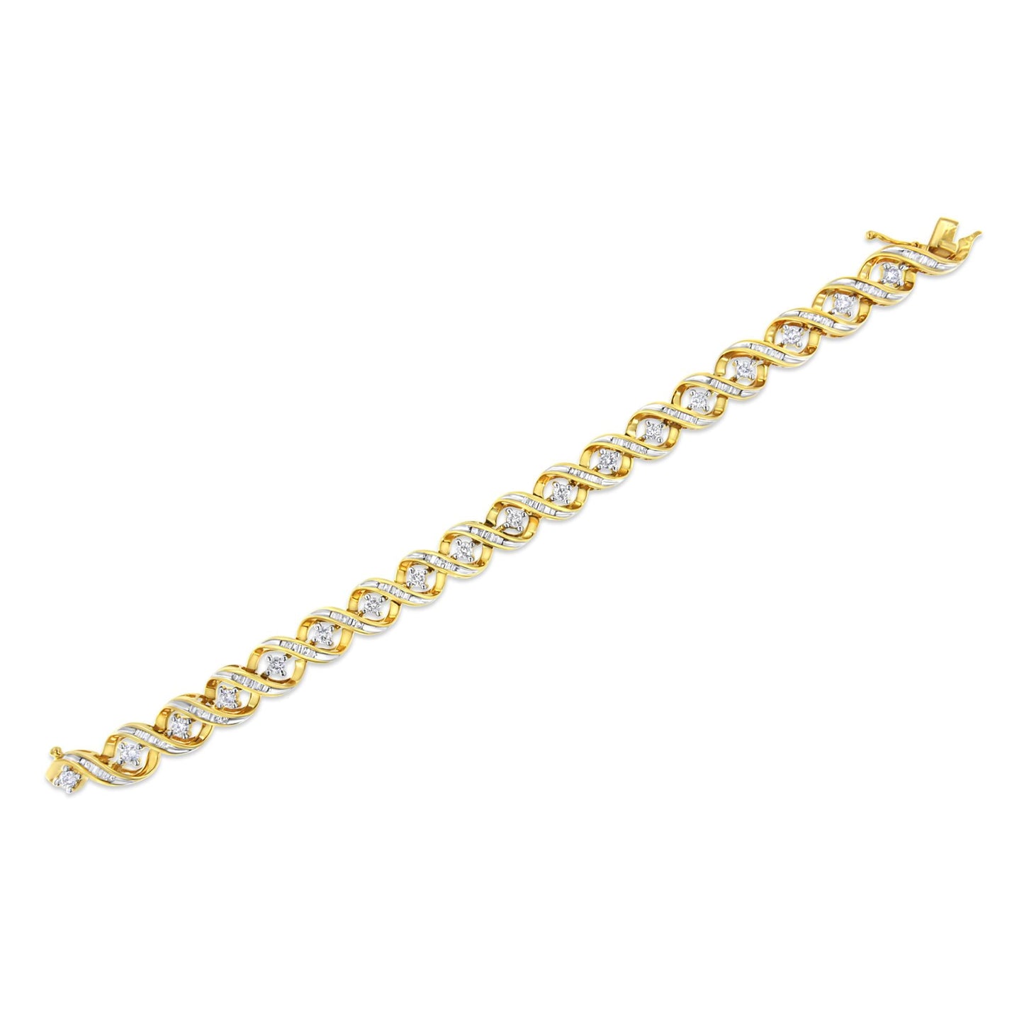 14K Yellow and White Gold 3.0 Cttw Round and Baguette-Cut Diamond Infinity Swirl Link Bracelet (H-I Color, I2-I3 Clarity) - 7"