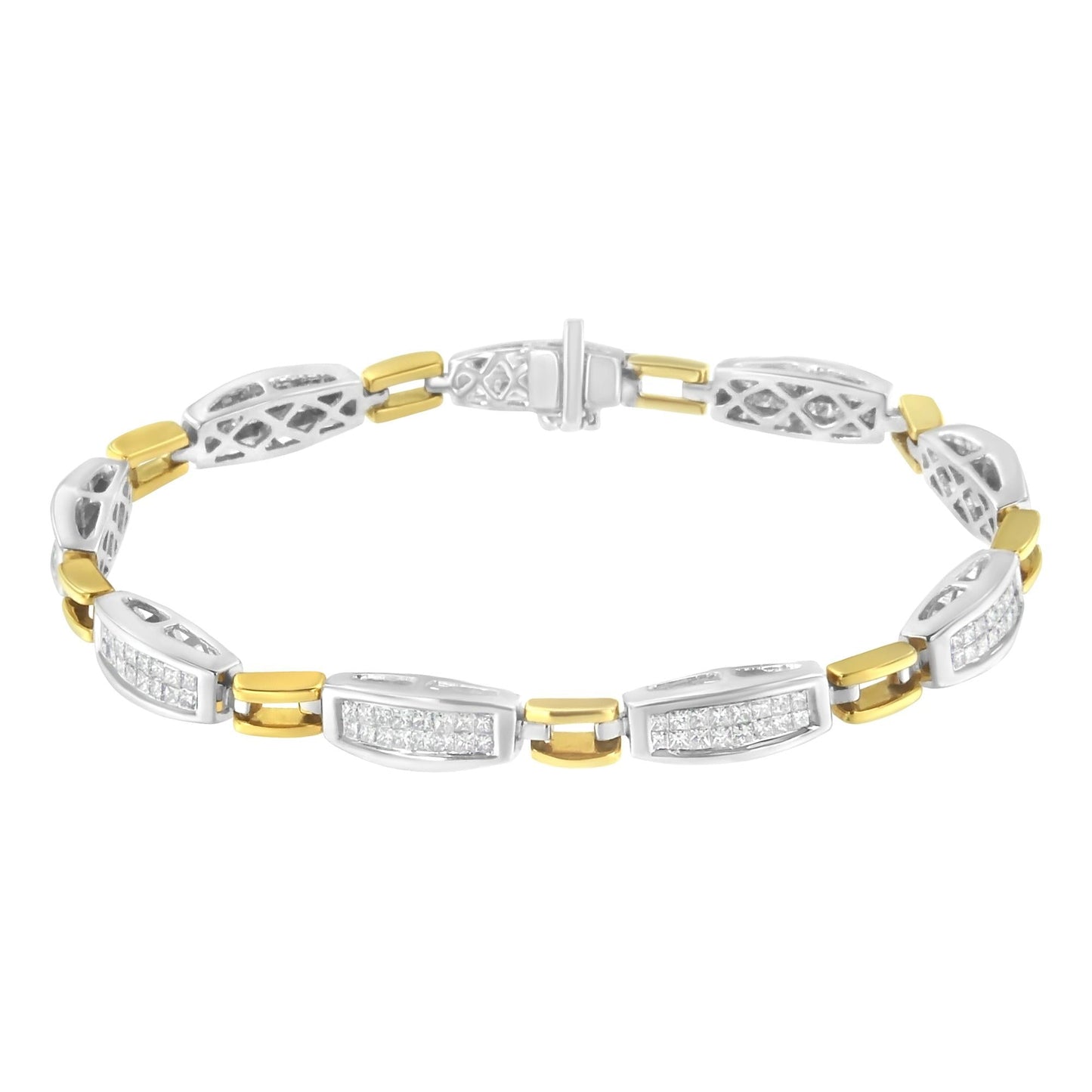 14K Yellow and White Gold 2.0 Cttw Princess Cut Diamond Tapered and Equal Sign Link Bracelet (G-H Color, SI1-SI2 Clarity) - 7"