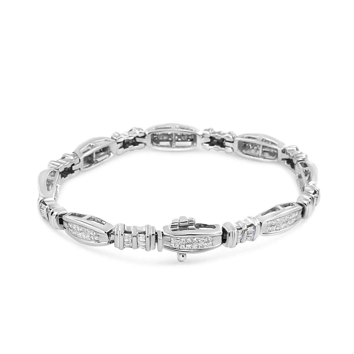 14K White Gold 2.0 Cttw Channel-Set Alternating Baguette and Princess-Cut Diamond Link Bracelet (H-I Color, SI2-I1 Clarity) - Size 7