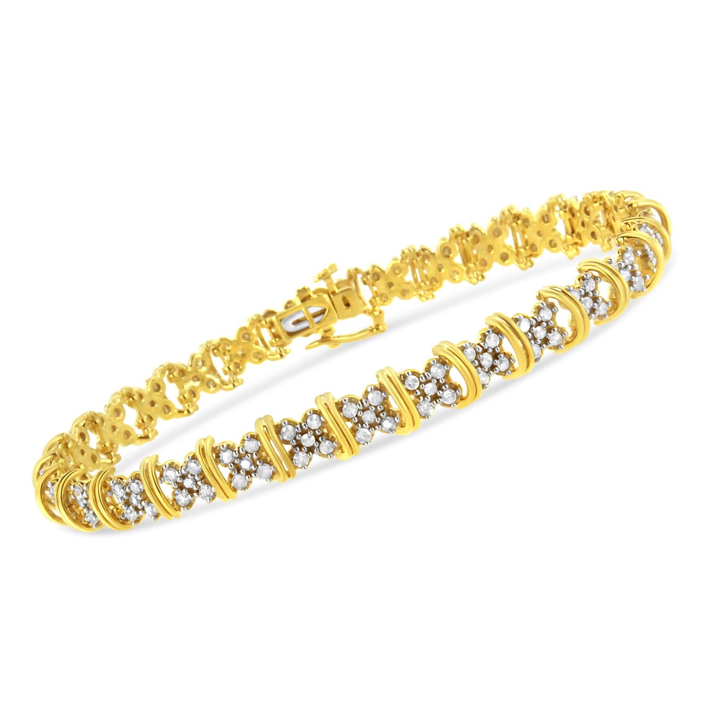 10K Yellow Gold Plated .925 Sterling Silver 2.0 Cttw Round Diamond Cluster "X" Shaped Link Bracelet (H-I Color, I3 Clarity) - 7"