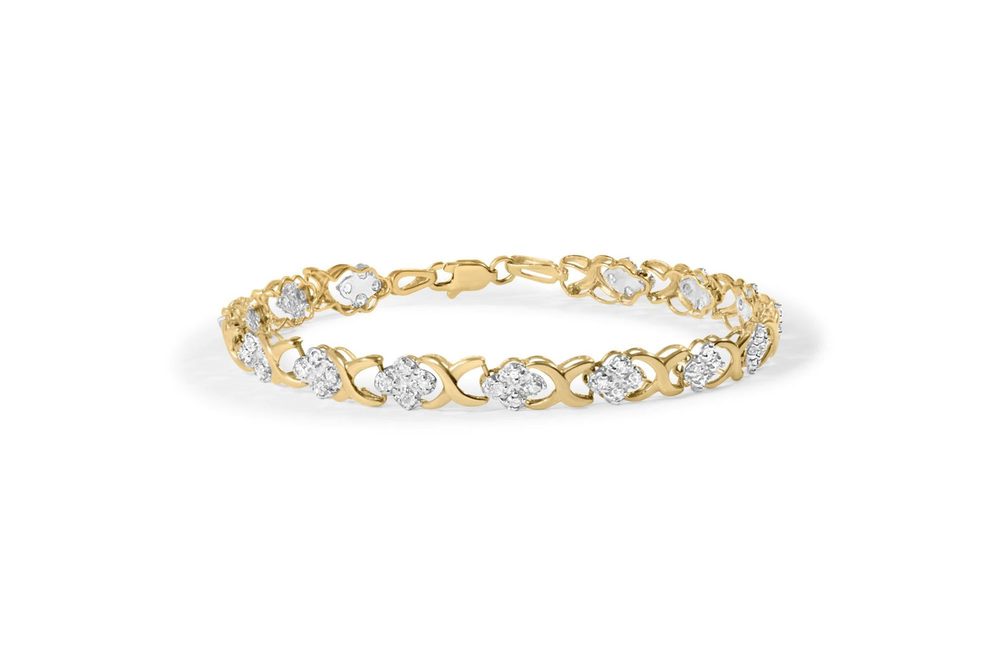 10K Yellow Gold 1.00 Cttw Diamond 5 Stone Floral Cluster and "X" Link 7" Bracelet (I-J Color, I3 Clarity)