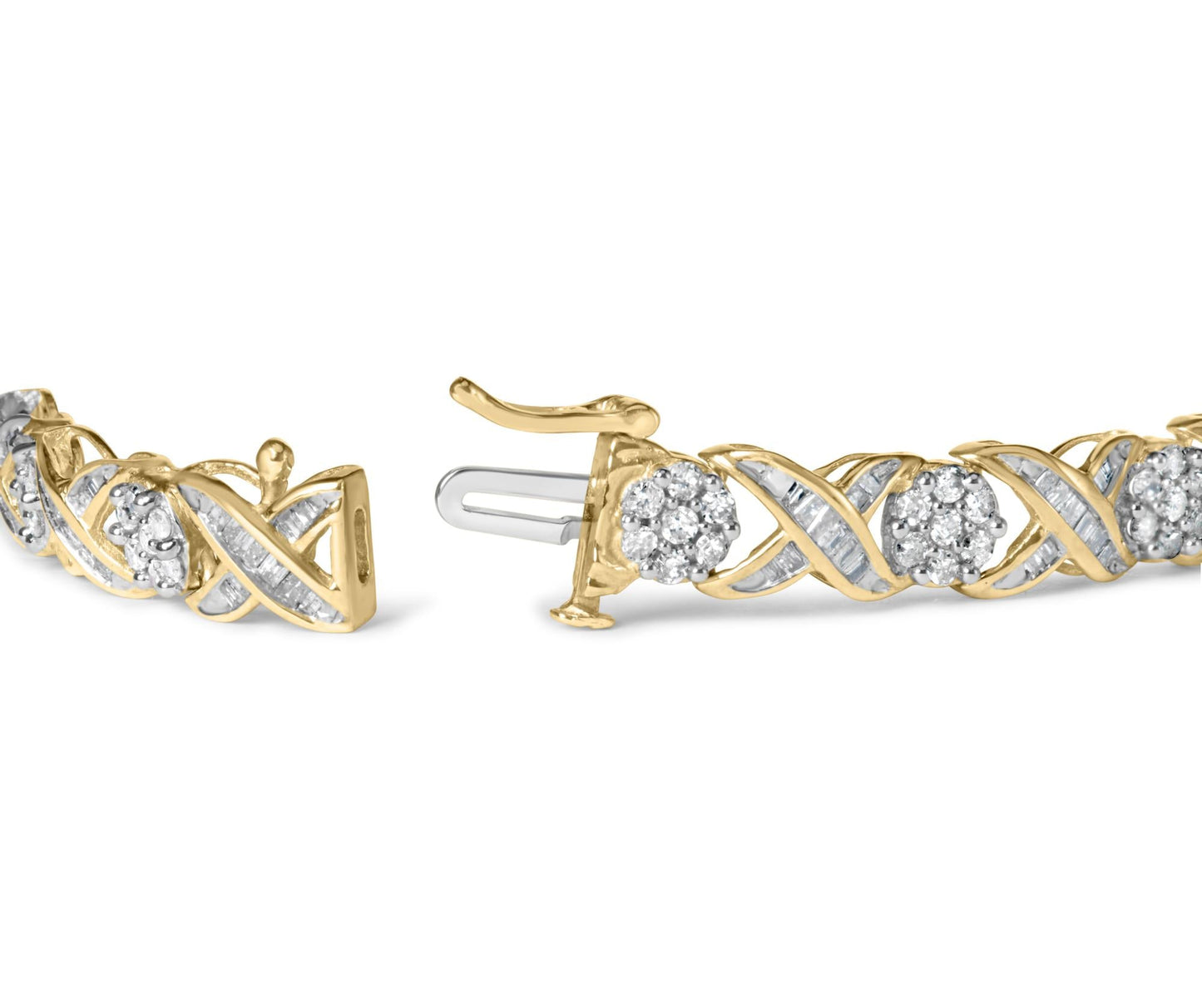 10K Yellow Gold 3.00 Cttw Round-Cut and Baguette-Cut Diamond 'XOXO' Floral Design 7.50" Bracelet (J-K Color, I1-I2 Clarity)