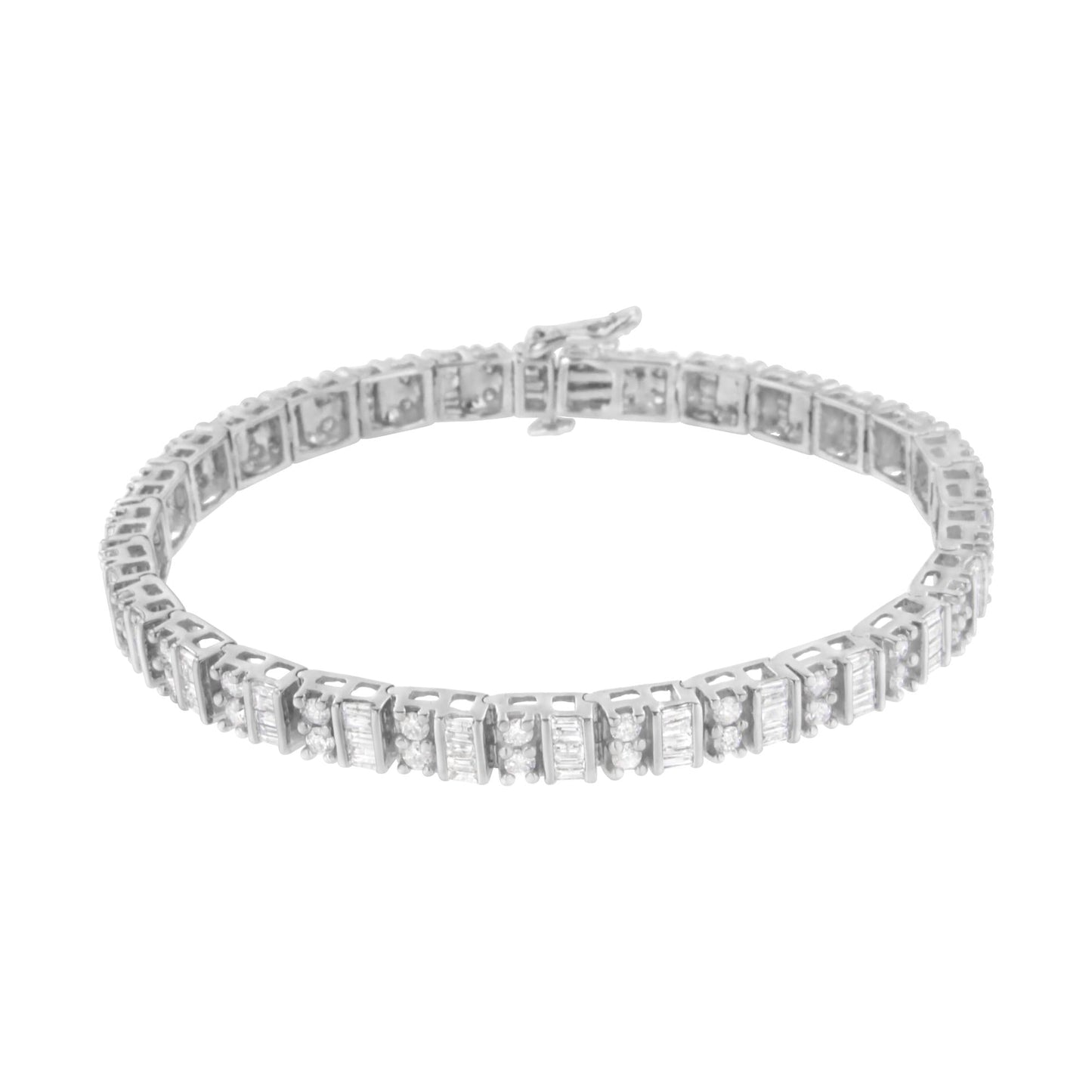 14K White Gold 4.0 Cttw Alternating Baguette & Round Cut Diamond Bezel- & Prong-Set 7" Tennis Bracelet (I-J Color, I1-I2 Clarity)