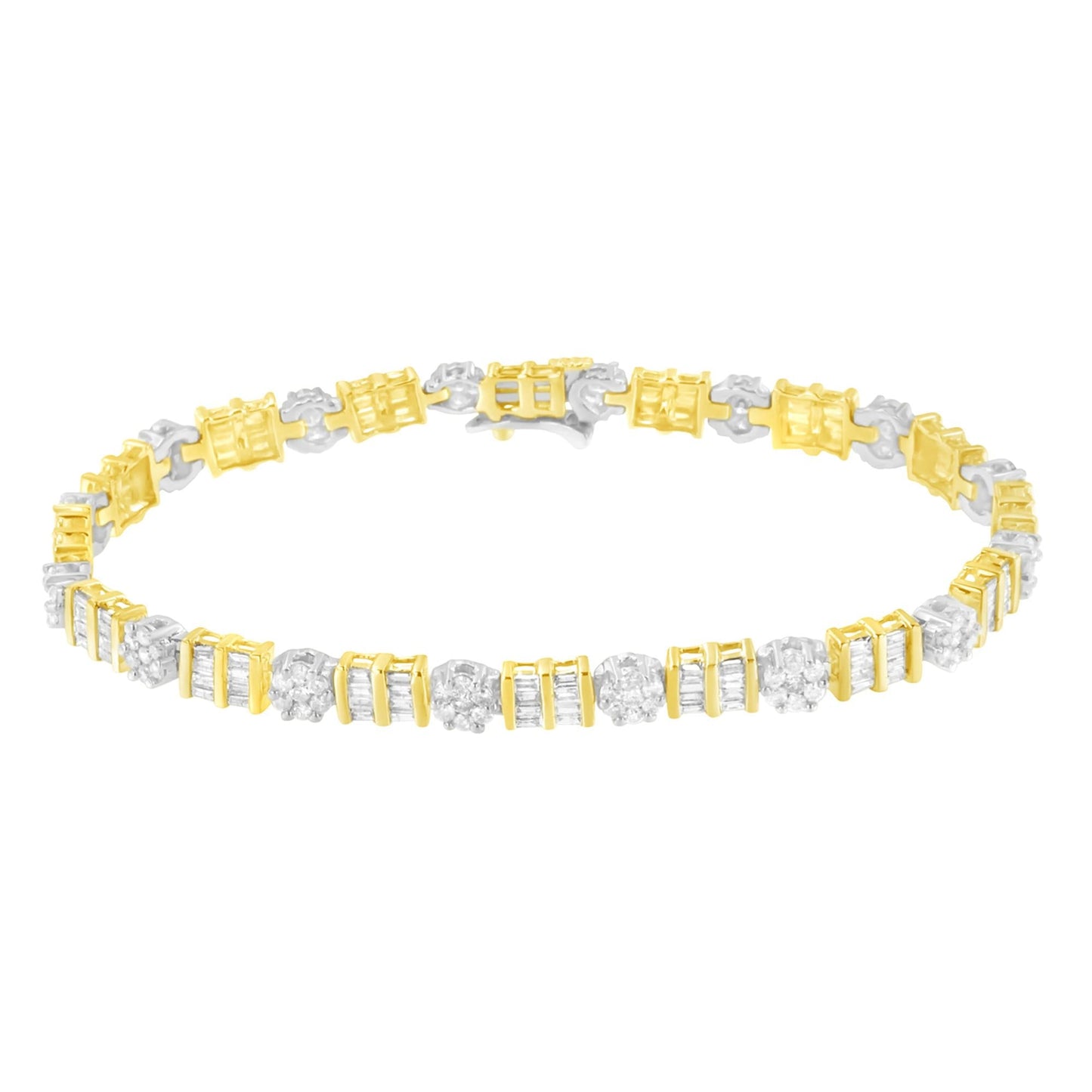 14K Gold 3-3/8 Cttw Round & Baguette-Cut Diamond Cluster Alternating Station 7" Tennis Bracelet (H-I Color, I1-I2 Clarity)