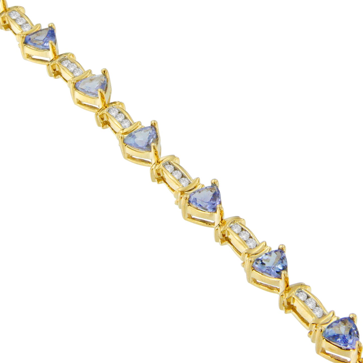 14K Yellow Gold 4x3 Trillion Cut Purple Tanzanite and Diamond Link Bracelet (H-I Color, SI2-I1 Clarity) - 7" Inches