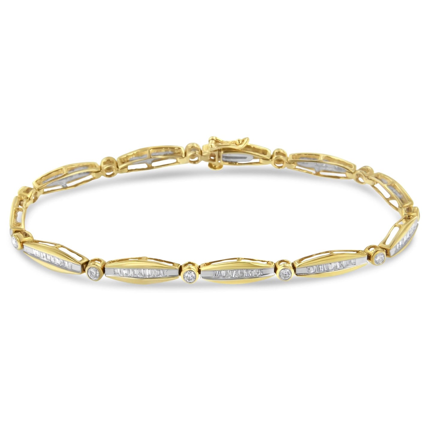 14K Yellow Gold 2.0 Cttw Round Brilliant-Cut & Baguette Cut Diamond Bezel and Tapered Link 7" Tennis Bracelet (H-I Color, SI2-I1 Clarity)