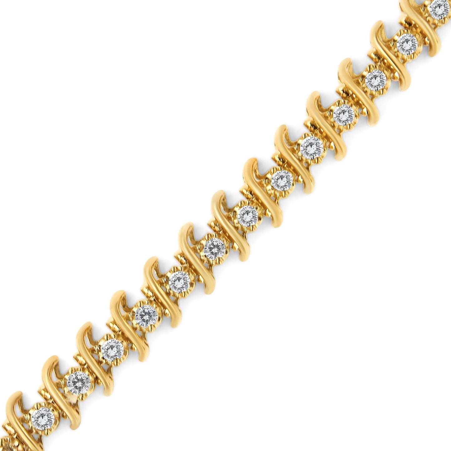 10K Yellow Gold Plated .925 Sterling Silver 3.00 Cttw Prong-Set Brilliant Round-cut Diamond "S" Link Bracelet (J-K Color, I2-I3 Clarity) - Size 7.5