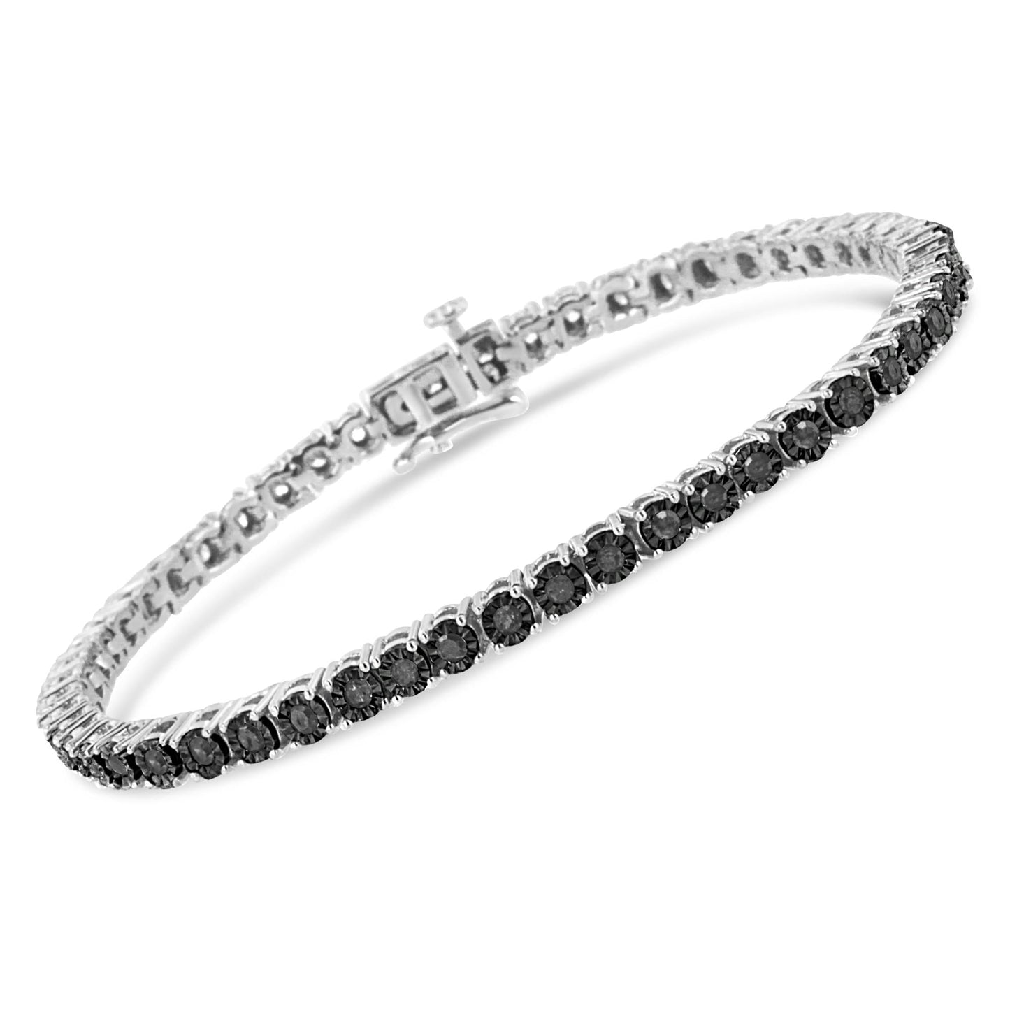 .925 Sterling Silver 1.0 Cttw Miracle-Set Treated Black Diamond Round Miracle Plate Tennis Bracelet (Black Color, I3 Clarity) - 7.25"