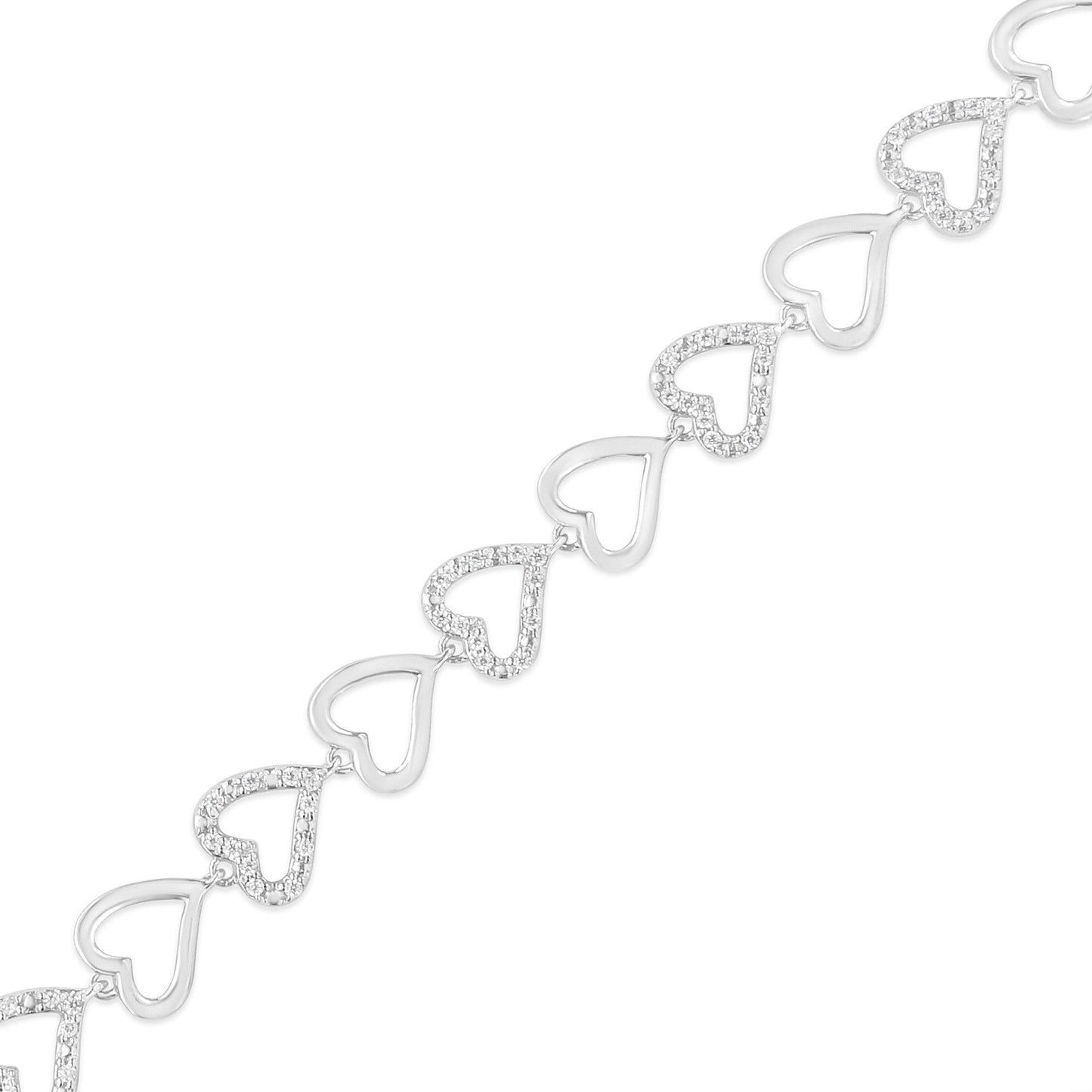 .925 Sterling Silver 1/2 Cttw Diamond Alternating Heart Link Bracelet (I-J Color, I2-I3 Clarity)- Size 7.25" Inches