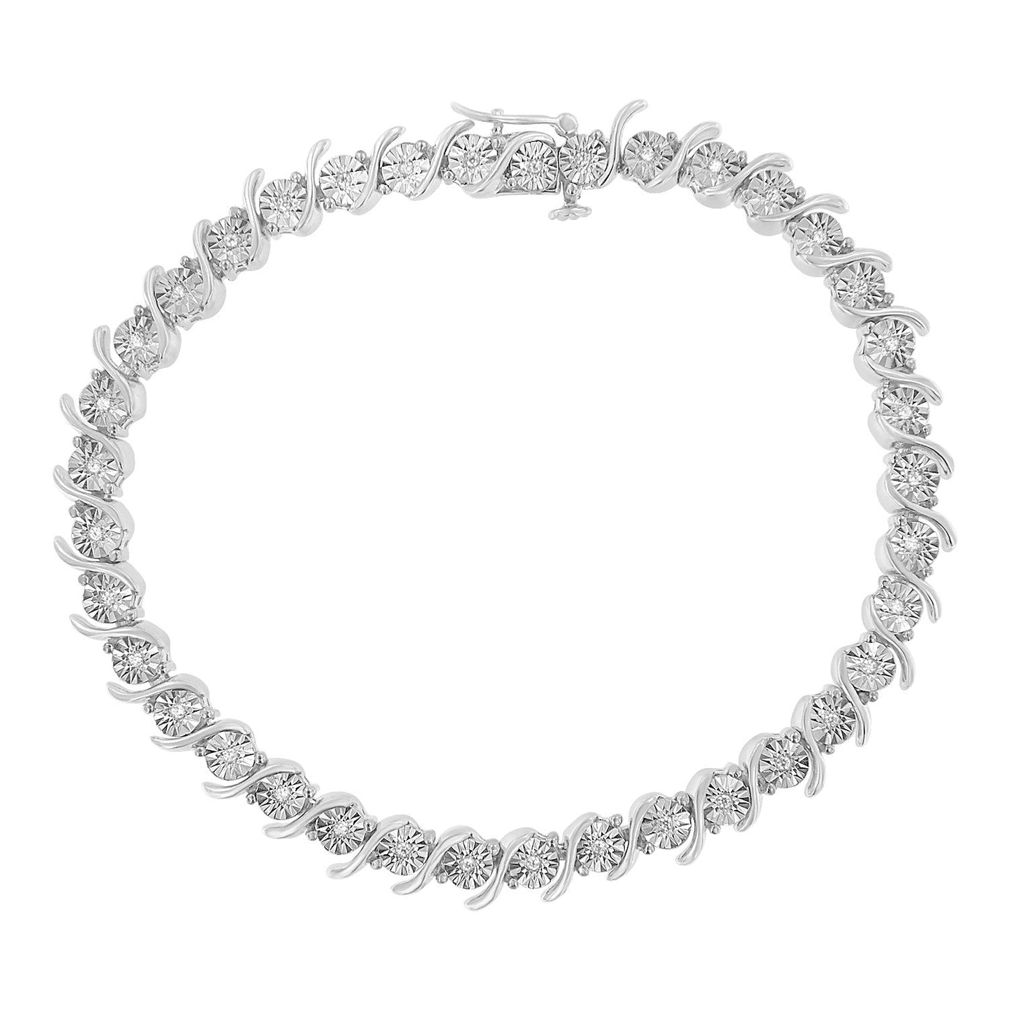 .925 Sterling Silver 1/10 Cttw Diamond Round Miracle Plate and "S" Link Tennis Bracelet (I-J Color, I2- I3 Clarity) - 7"