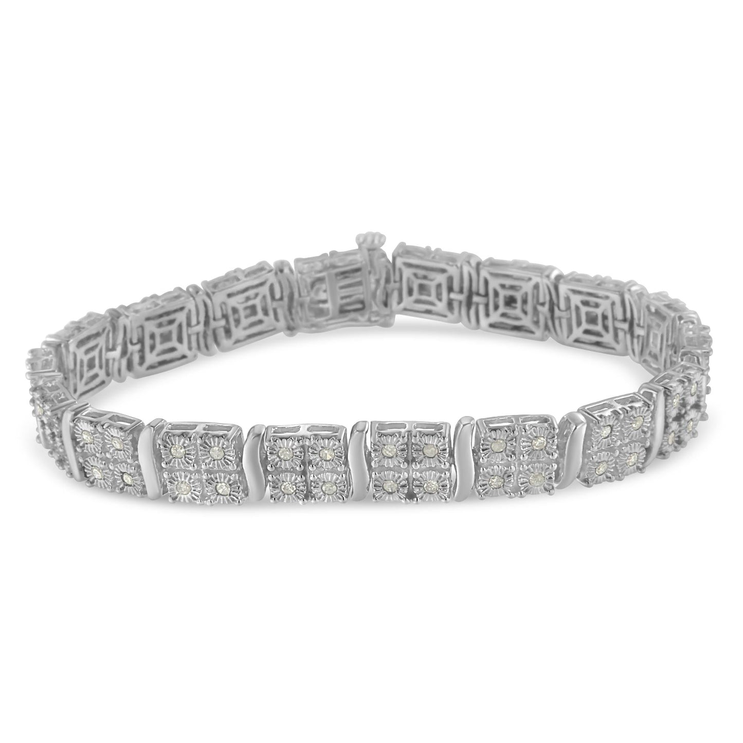 .925 Sterling Silver 1.0 cttw Miracle Set Diamond Box Link Art Deco Style Tennis Bracelet (I-J Color, I3 Clarity) -7"