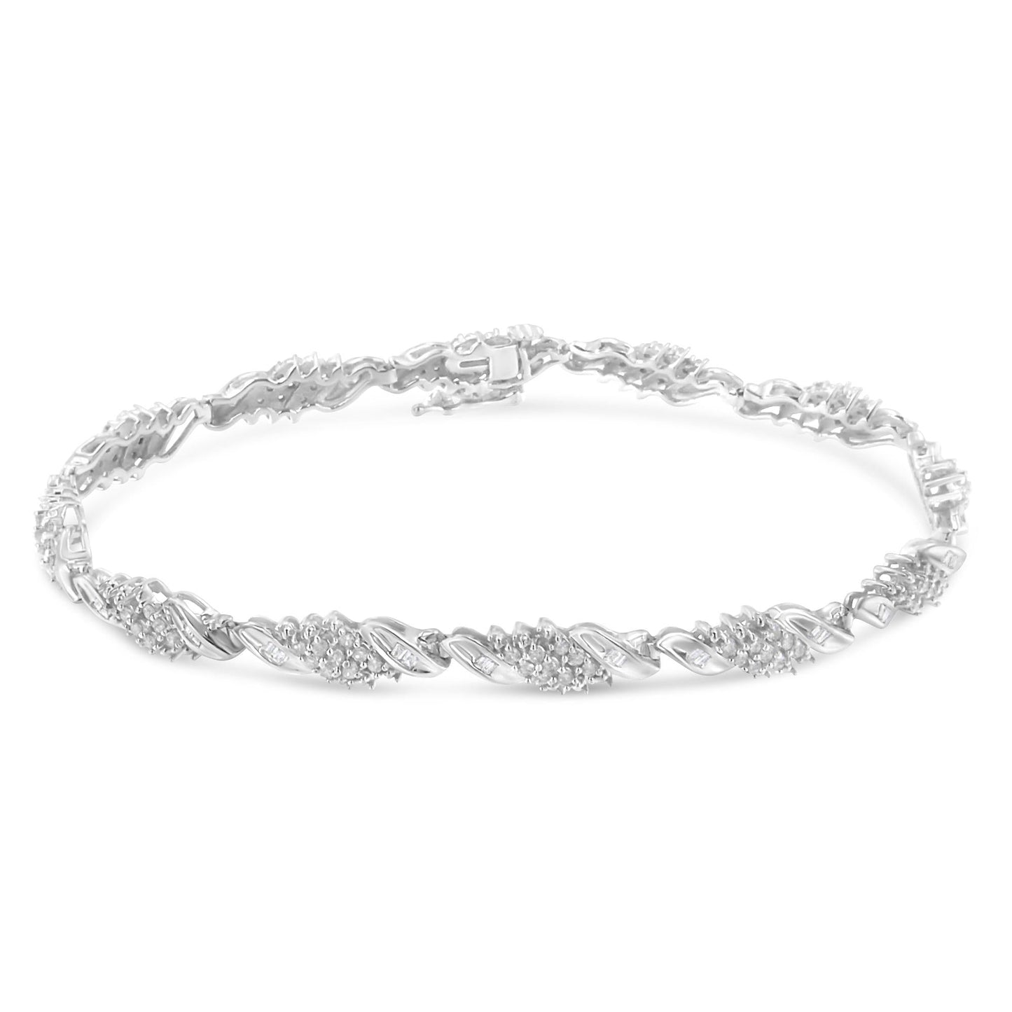 .925 Sterling Silver 1-1/2 Cttw Round and Baguette Cut Diamond Wave Link Bracelet (I-J Color, I2-I3 Clarity) - 7"