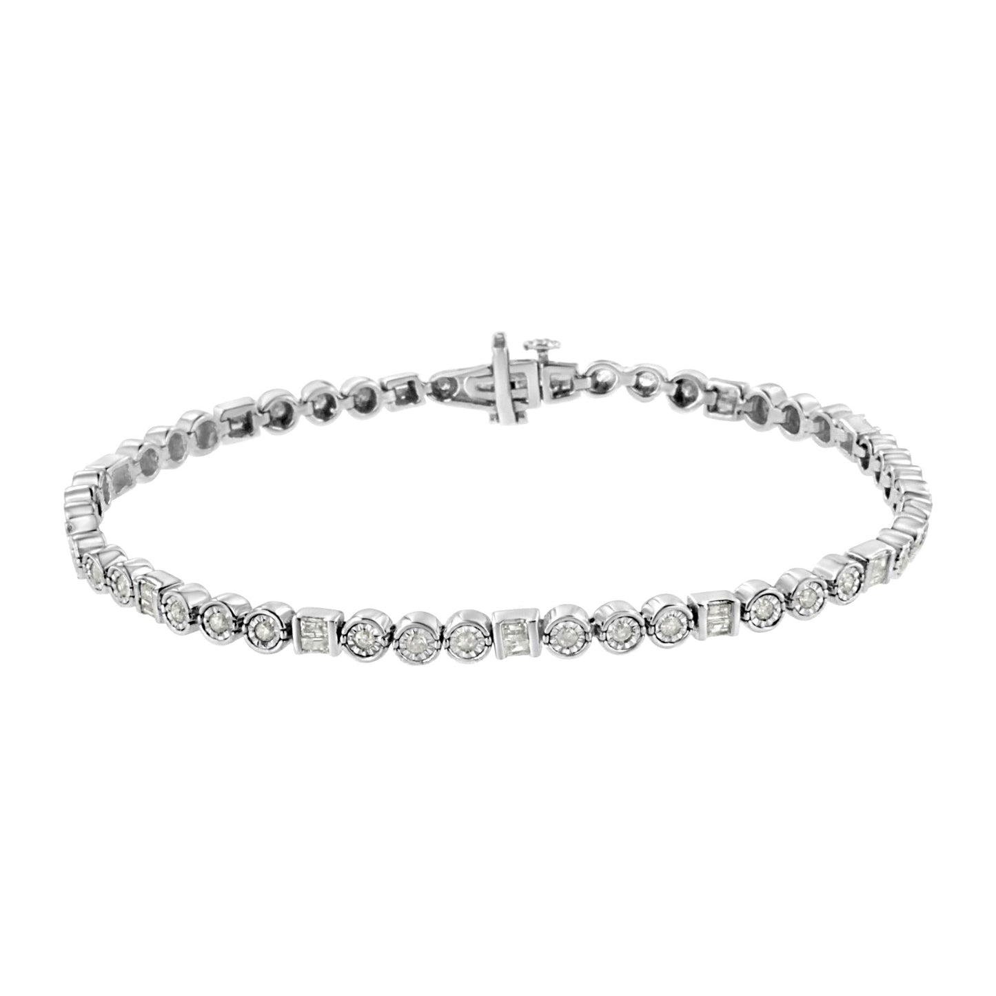 .925 Sterling Silver 1.0 Cttw Alternating Channel Set Baguette and Miracle Set Round Diamond Link Bracelet (I-J Color, I3 Clarity) - 7.25"