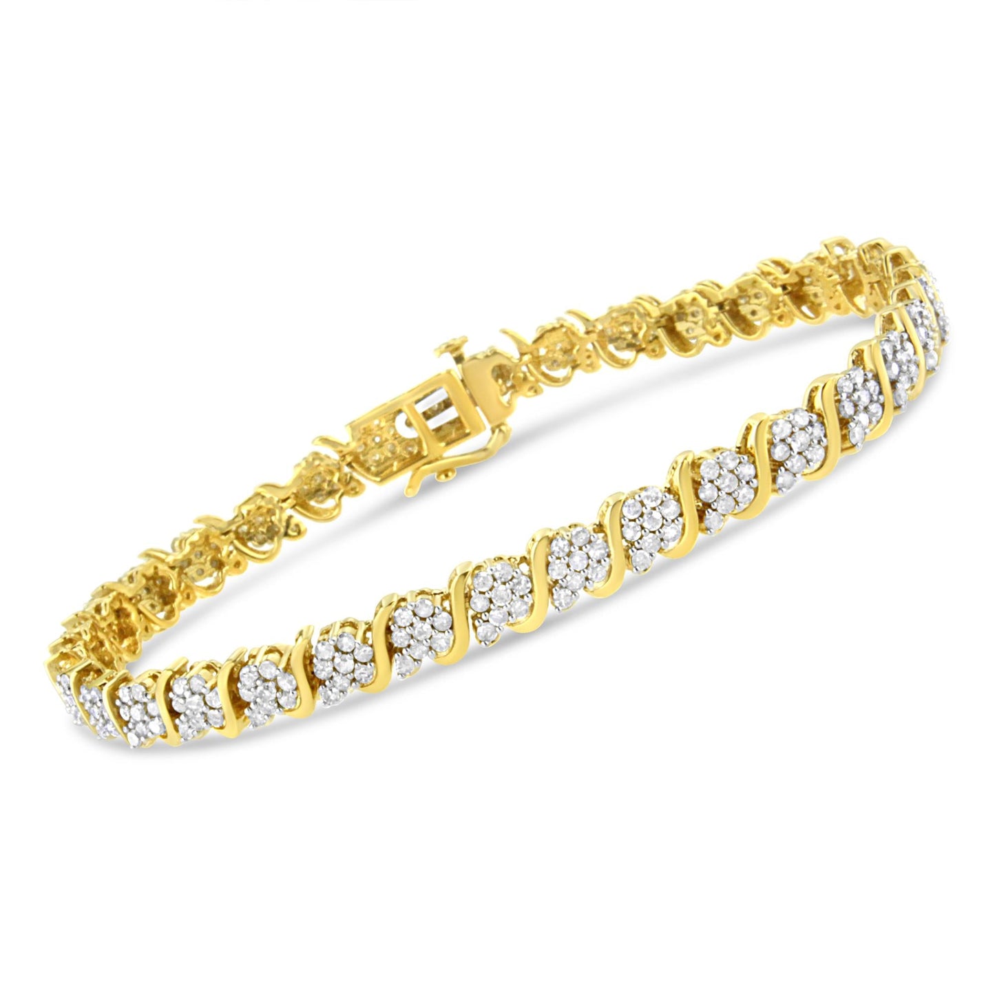 14K Yellow Gold Plated .925 Sterling Silver 3.00 Cttw Diamond Alternating Flower Cluster and "S" Link Tennis Bracelet (L-M Color, I2-I3 Clarity) - 7.25"