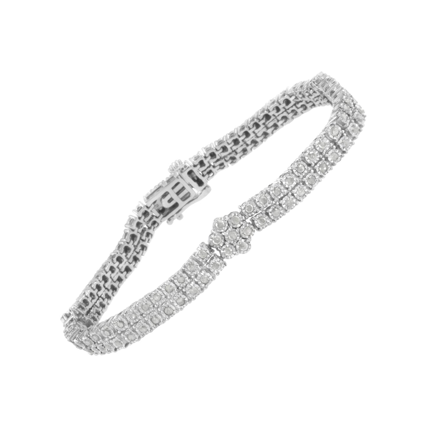 .925 Sterling Silver Diamond Double Row and Floral Cluster Tennis Bracelet (2 cttw, I-J Color, I3 Clarity) - Size 7.25"