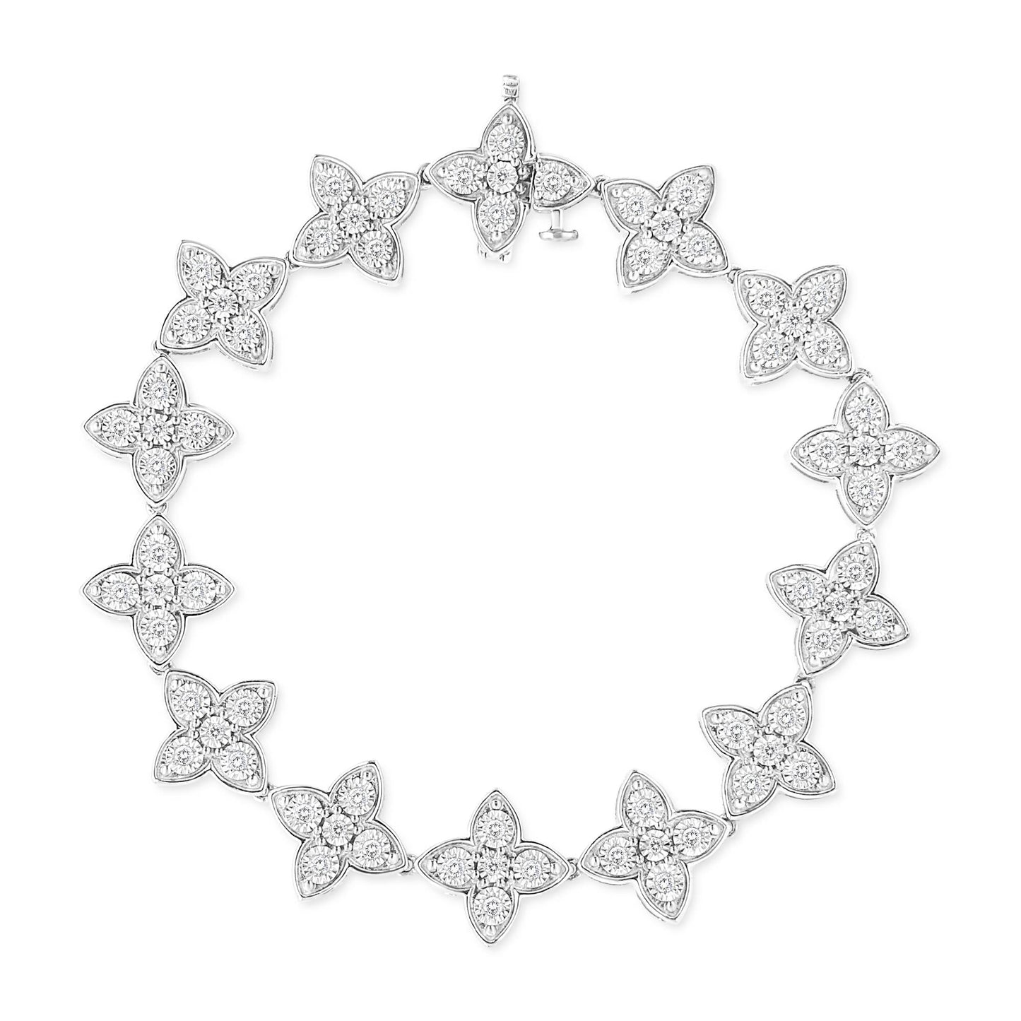 .925 Sterling Silver 1 cttw Miracle-Set Diamond 4 Leaf Clover Link Bracelet (I-J Clarity, I3 Color) - Size 7.25"