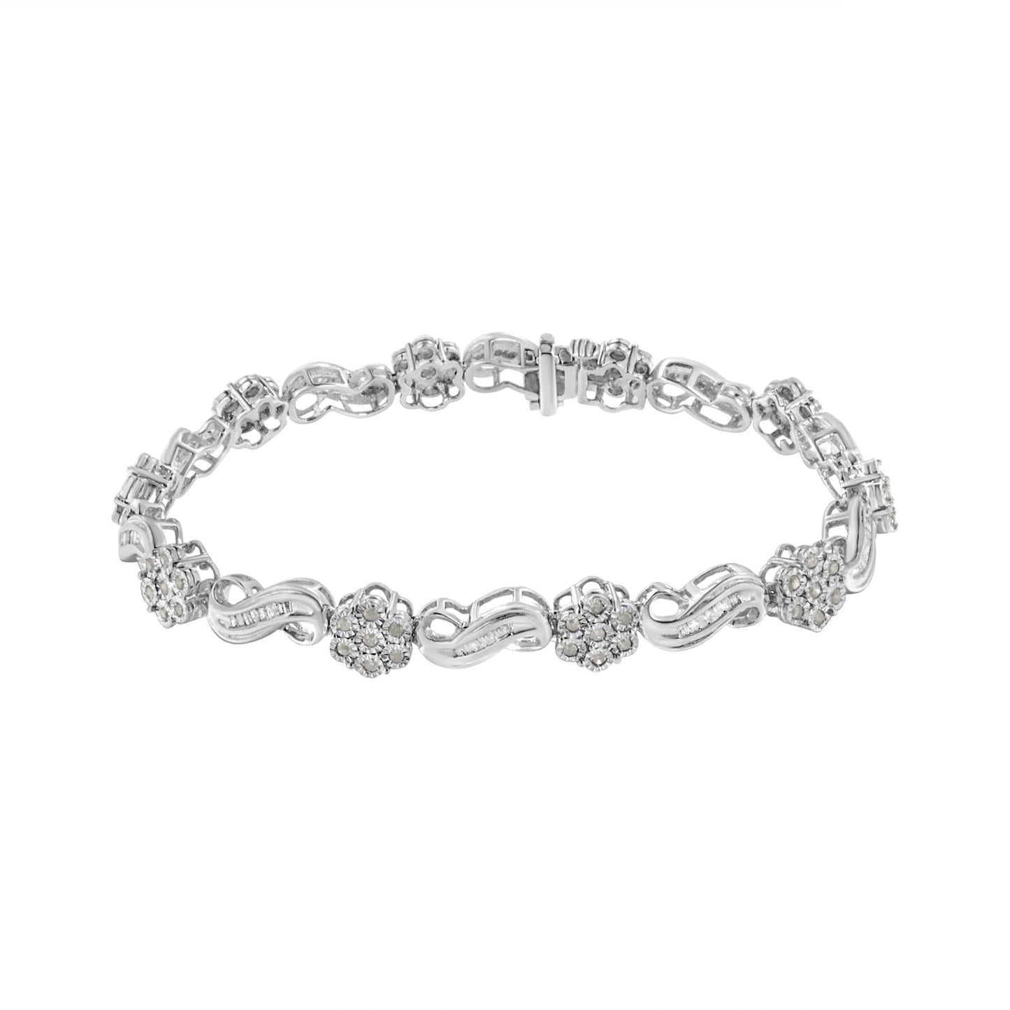 .925 Sterling Silver 1.0 Cttw Miracle and Channel Set Diamond Floral Cluster and Link Bracelet (I-J Color, I3 Clarity) - 7.25"