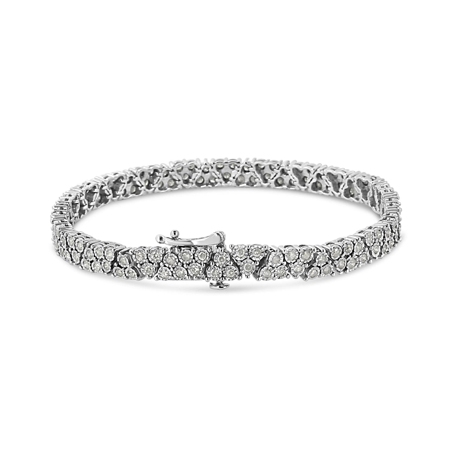 .925 Sterling Silver 2.00 Cttw Miracle Set Diamond Trio Link Multi Row Tennis Bracelet (I-J Color, I3 Clarity) - 7.25" Inches