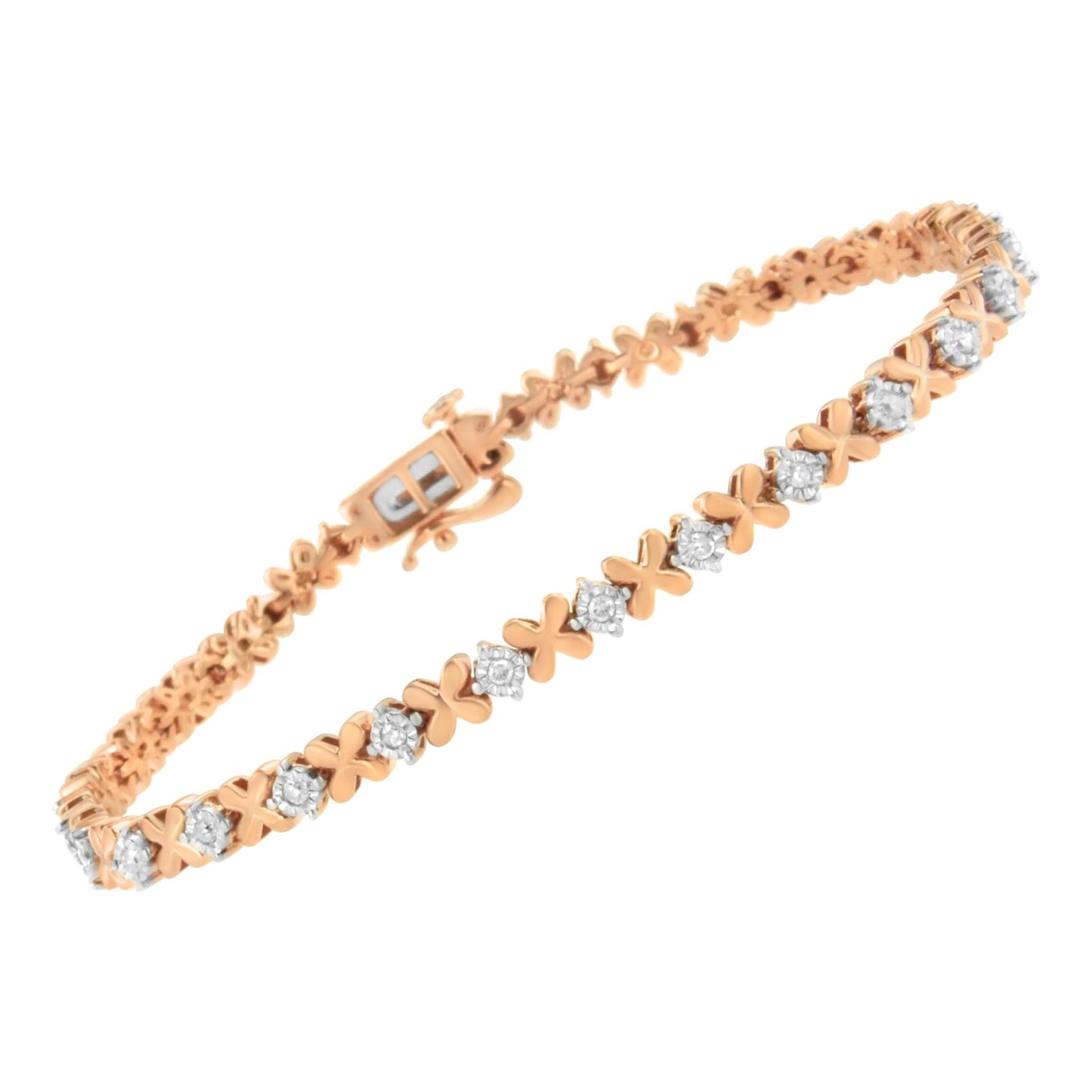 10K Rose Gold Plated .925 Sterling Silver 1/4 cttw Diamond "X and O" Style Link Bracelet (I-J Color, I2-I3 Clarity) - Size 7.25"