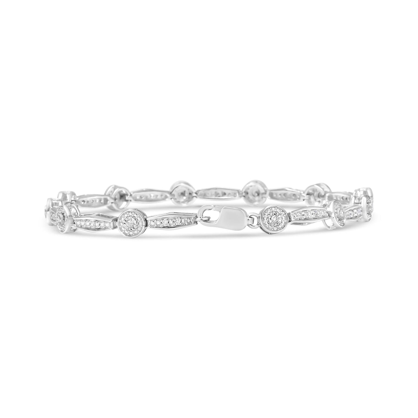 .925 Sterling Silver 1/4 Cttw Diamond Circle and Rectangle Shaped Halo Link Bracelet (I-J Color, I2-I3 Clarity) - 7.25"