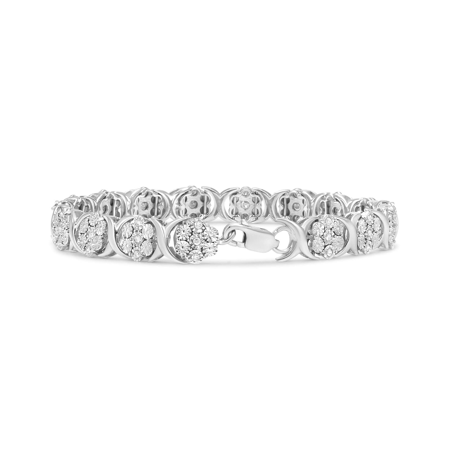 .925 Sterling Silver 1/2 Cttw Diamond 7 Stone Floral Cluster Link Bracelet (I-J Color, I2-I3 Clarity) - 7.25" Inches