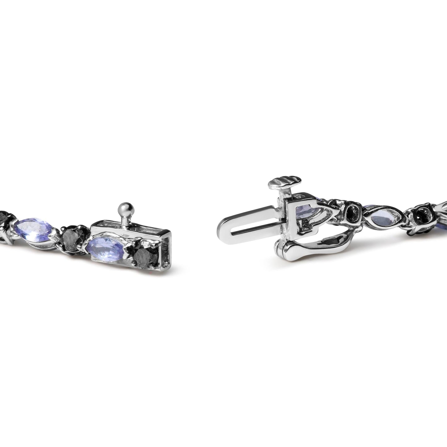 .925 Sterling Silver 1 1/2 Cttw Black Diamond and Blue Tanzanite Link Bracelet (I2-I3 Clarity, Black Color) - Size 7.25"