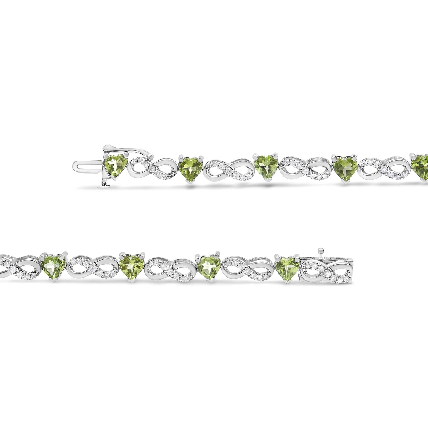 .925 Sterling Silver 1.00 Cttw Diamond and 4.00mm Lab Created Green Heart-Shaped Peridot Infinity Link Bracelet (I-J Color, I2-I3 Clarity) - 7.25"