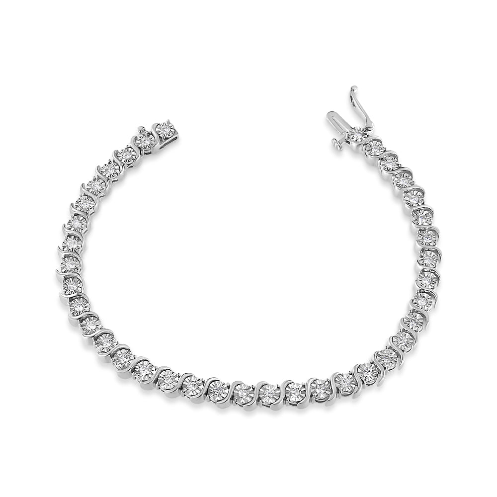 14K White Gold 1.00 Cttw Lab Grown Diamond Round Miracle Plate and "S" Link Tennis Bracelet (F-G Color, VS2-SI1 Clarity) Size 7"