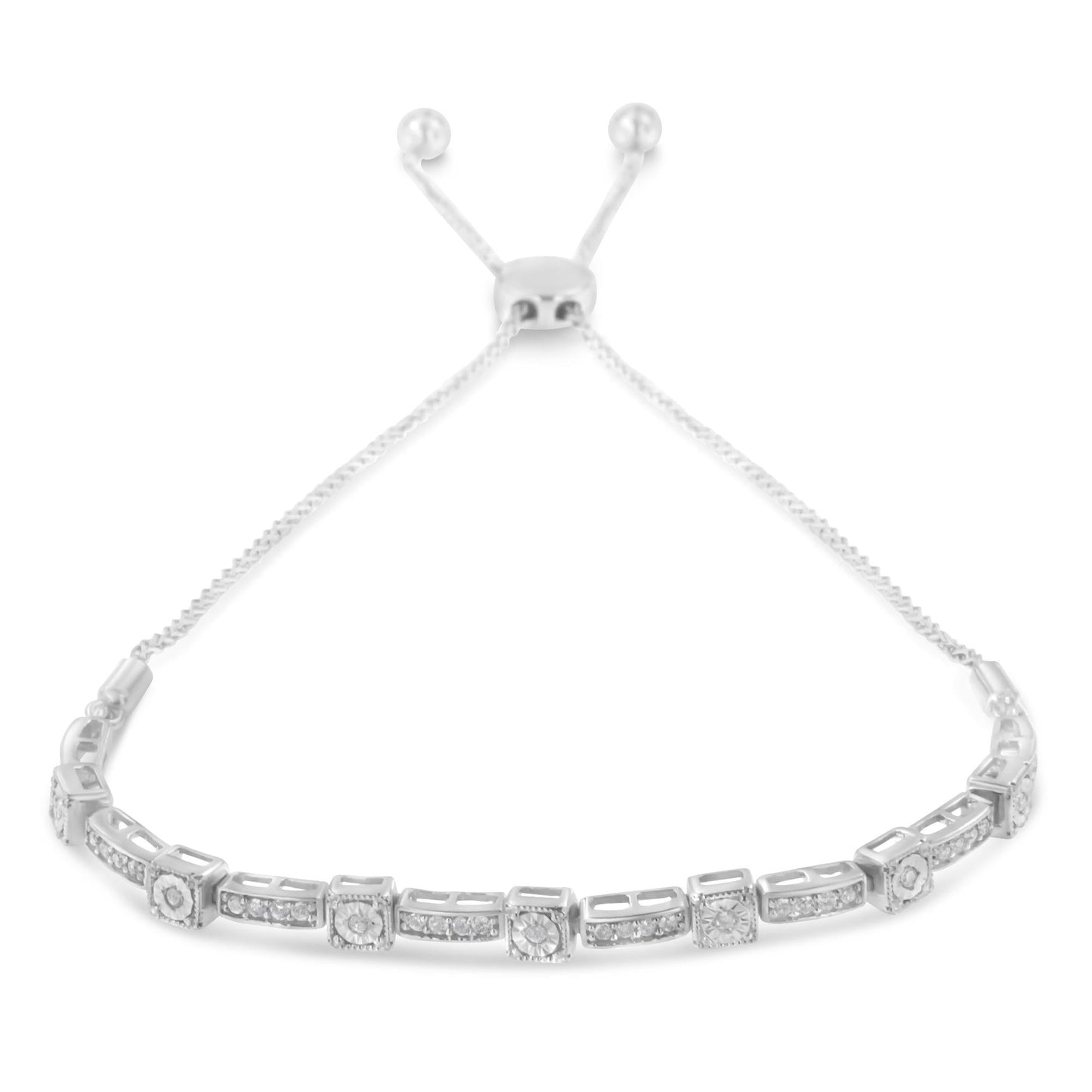 .925 Sterling Silver 1/4 Cttw Diamond Art Deco Milgrain Square Station & Bar Style Adjustable Bolo 6"-9" Bracelet (H-I Color, I2-I3 Clarity)