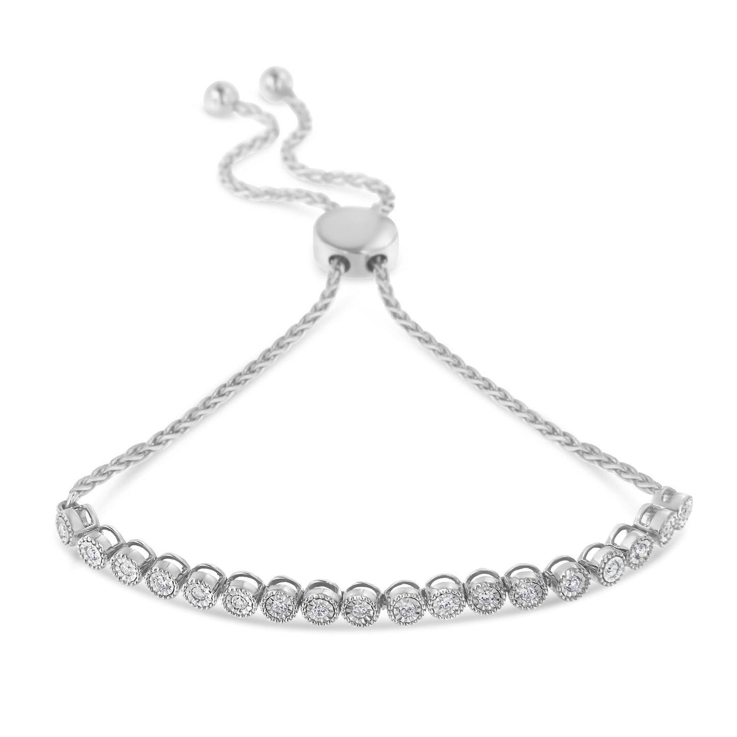 .925 Sterling Silver Miracle-Set Diamond Accented 6”-9” Adjustable Beaded Tennis Bolo Bracelet (H-I Color, I2-I3 Clarity)